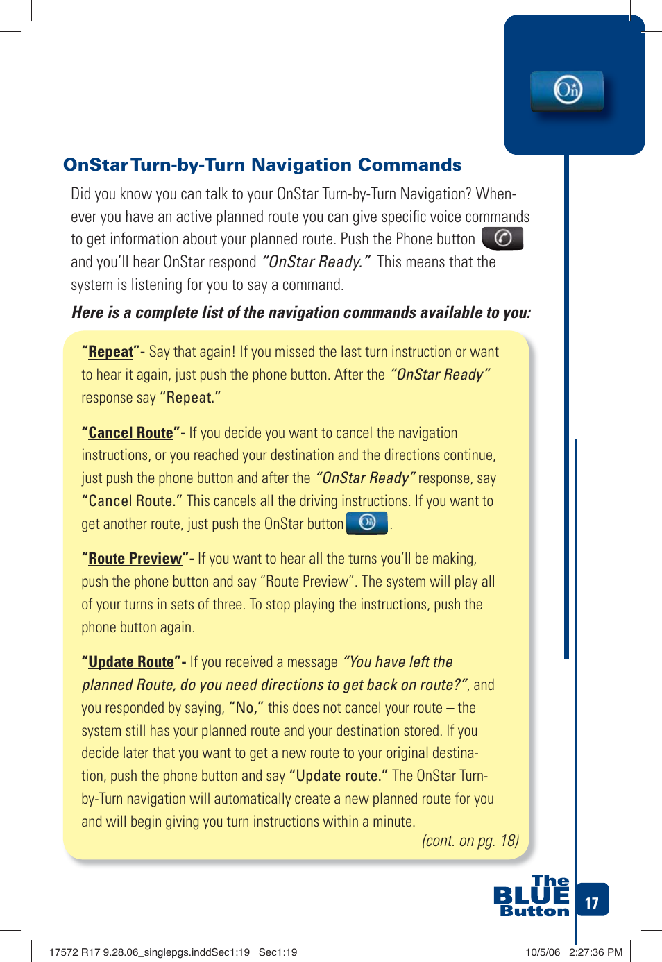 Onstar turn-by-turn navigation commands | OnStar 17572 R17 User Manual | Page 19 / 48
