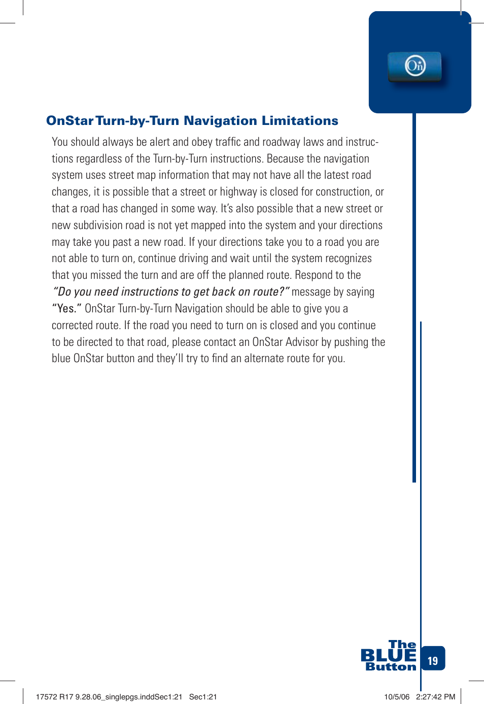 Onstar turn-by-turn navigation limitations | OnStar 17572 R17 User Manual | Page 21 / 48