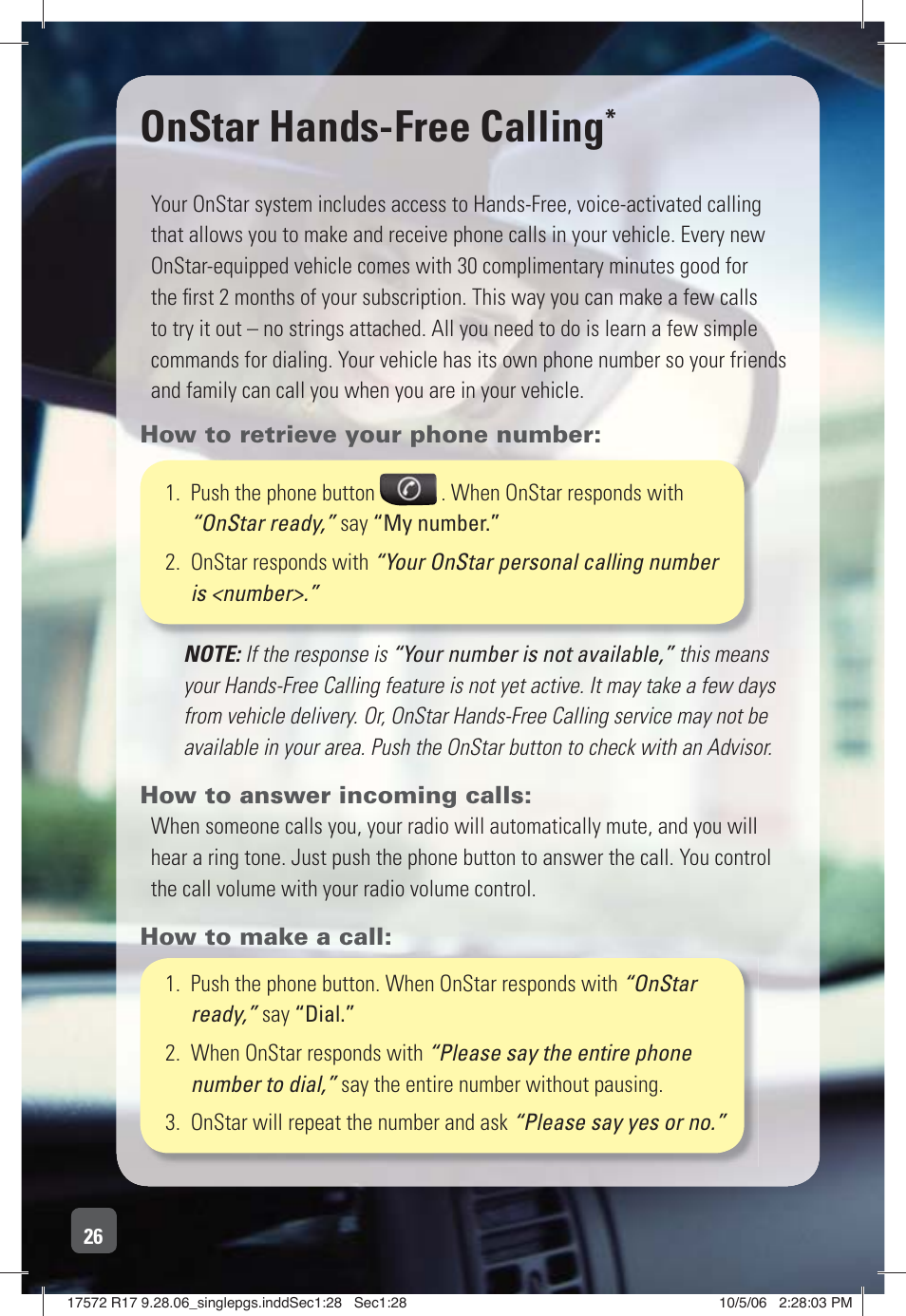 Onstar hands-free calling | OnStar 17572 R17 User Manual | Page 28 / 48