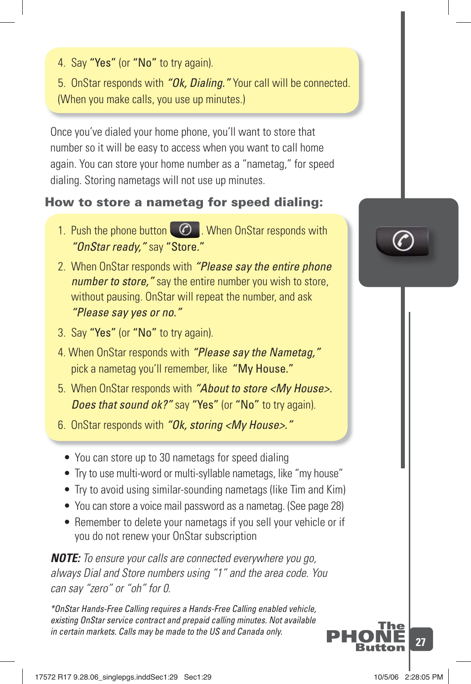 How to store a nametag for speed dialing | OnStar 17572 R17 User Manual | Page 29 / 48