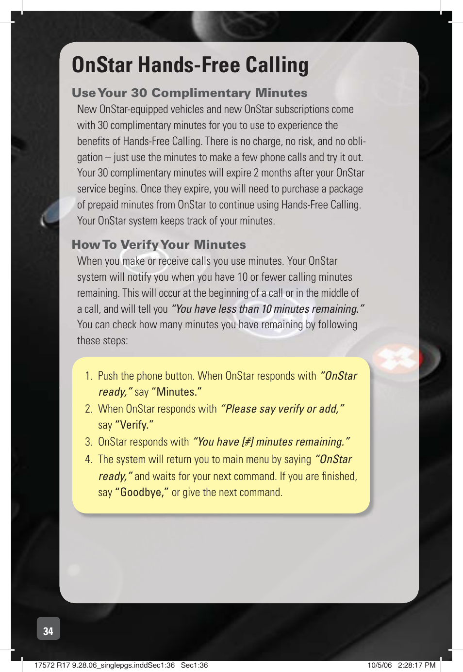 Onstar hands-free calling | OnStar 17572 R17 User Manual | Page 36 / 48