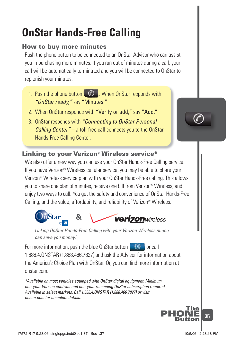 Onstar hands-free calling, How to buy more minutes, Linking to your verizon | Wireless service | OnStar 17572 R17 User Manual | Page 37 / 48