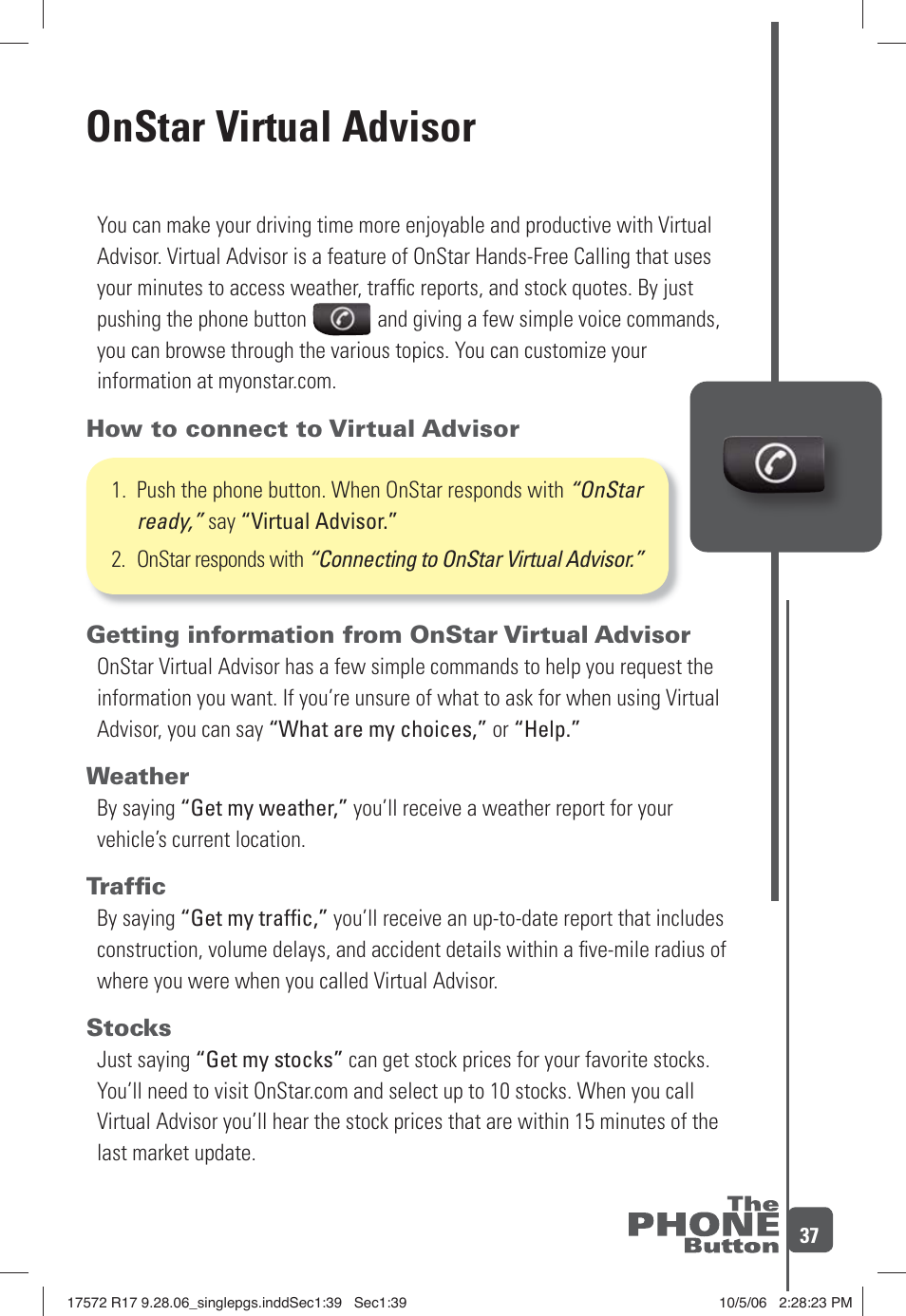 Onstar virtual advisor | OnStar 17572 R17 User Manual | Page 39 / 48