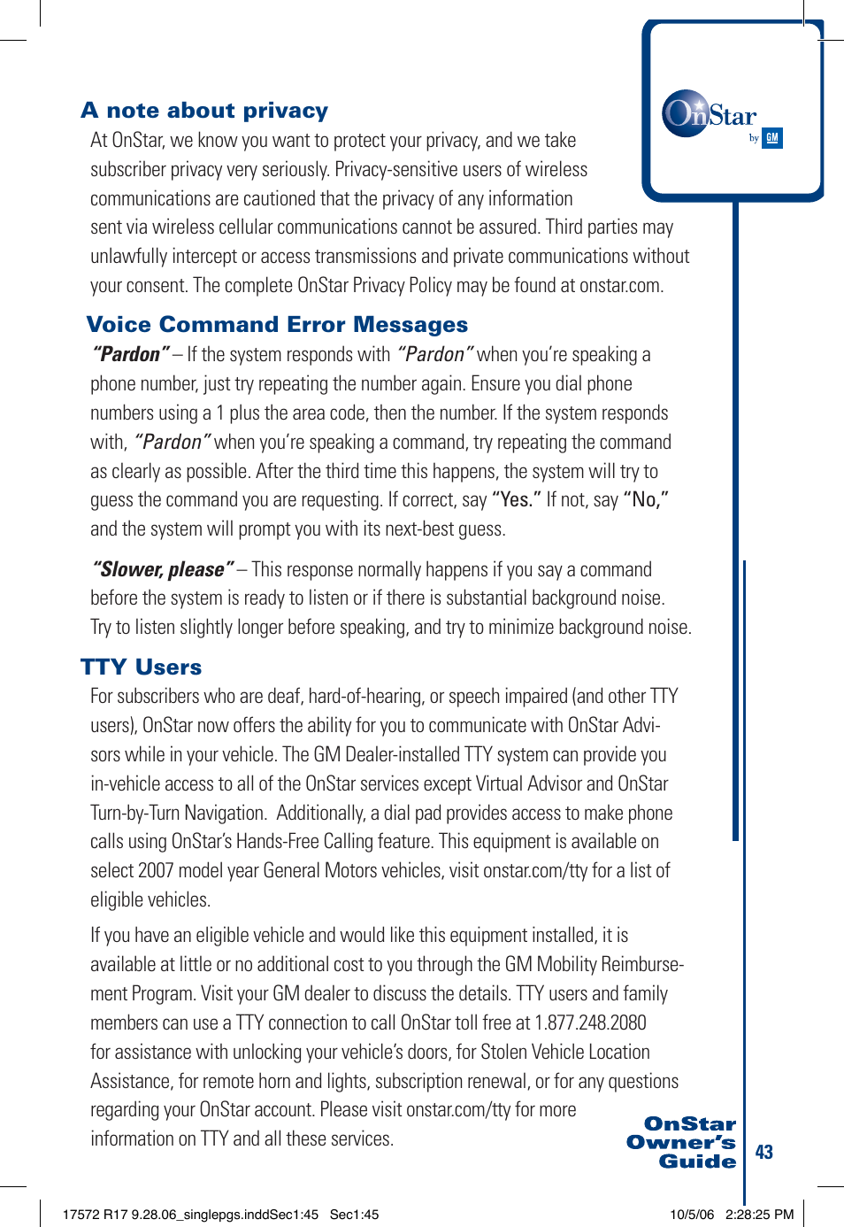 Voice command error messages, Tty users | OnStar 17572 R17 User Manual | Page 45 / 48