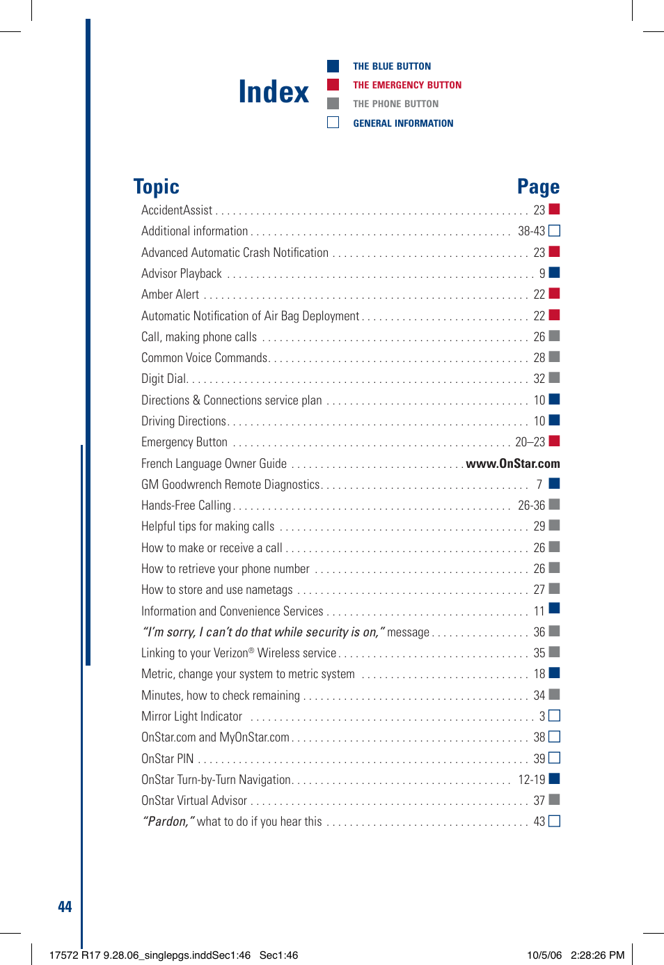 Index, Topic page | OnStar 17572 R17 User Manual | Page 46 / 48