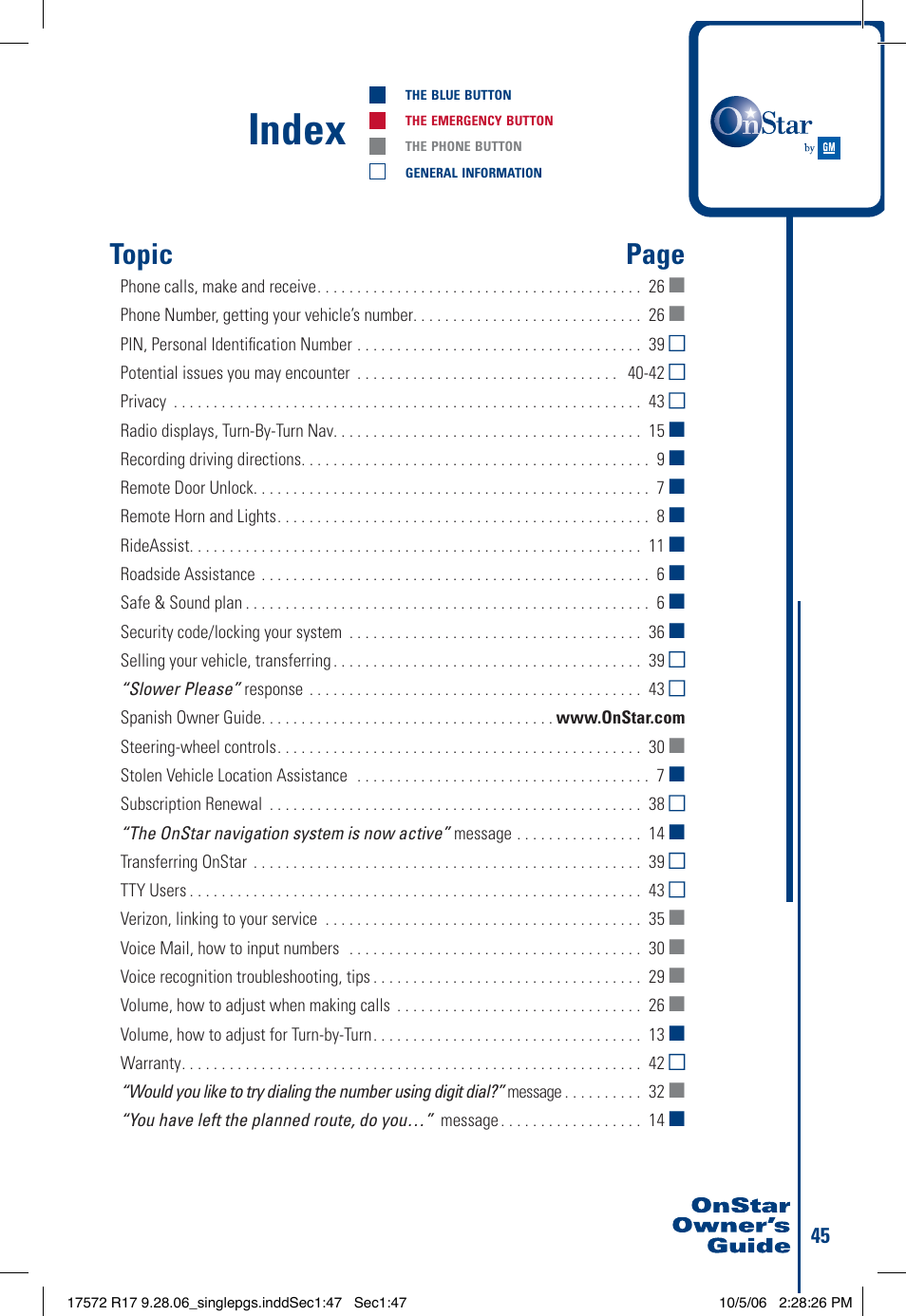 Index, Topic page | OnStar 17572 R17 User Manual | Page 47 / 48
