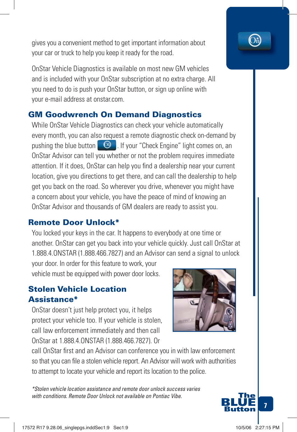 Gm goodwrench on demand diagnostics, Remote door unlock, Stolen vehicle location assistance | OnStar 17572 R17 User Manual | Page 9 / 48