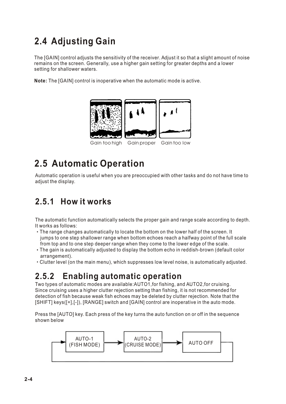 Т³гж 15, 4 adjusting gain, 5 automatic operation | 1 how it works, 2 enabling automatic operation | Onwa KF-667 User Manual | Page 15 / 35