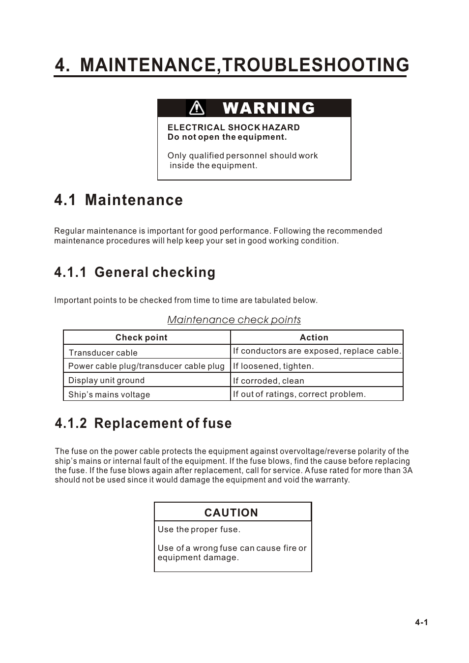 Т³гж 28, Maintenance,troubleshooting, Warning | 1 maintenance, 1 general checking, 2 replacement of fuse | Onwa KF-667 User Manual | Page 28 / 35