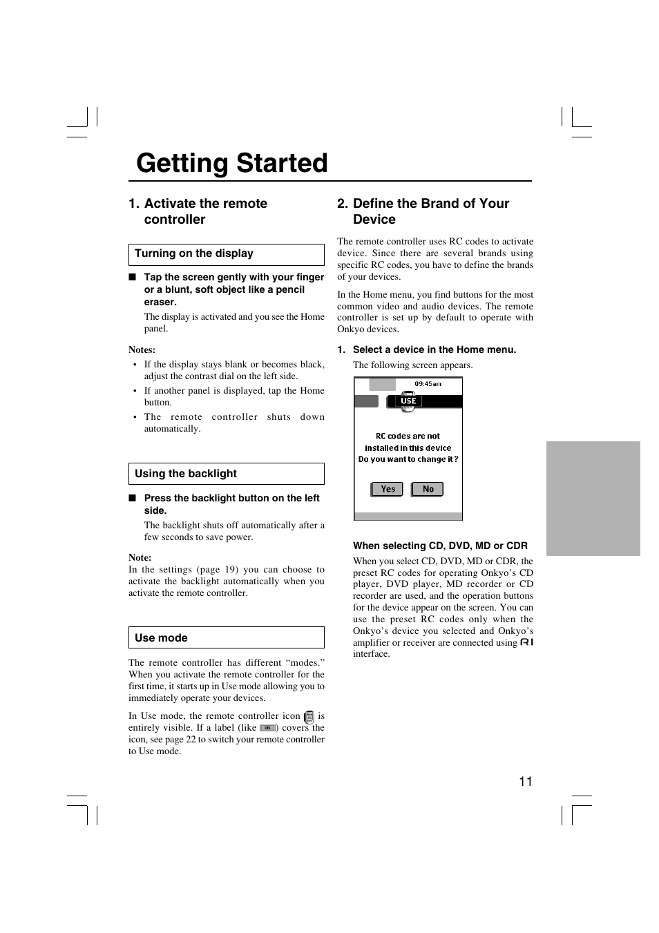 Getting started | Onkyo USR-5RF User Manual | Page 11 / 44