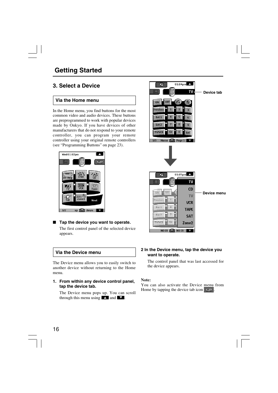 Getting started, 16 3. select a device | Onkyo USR-5RF User Manual | Page 16 / 44