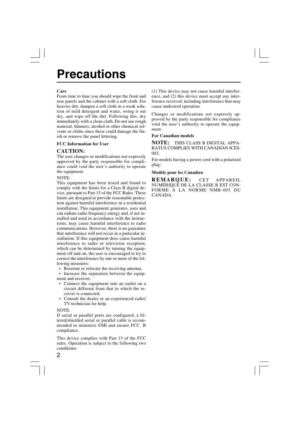 Precautions | Onkyo USR-5RF User Manual | Page 2 / 44