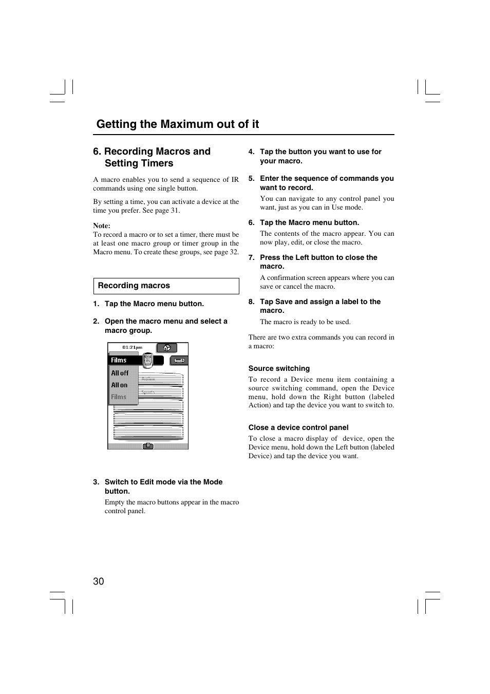 Getting the maximum out of it, Recording macros and setting timers | Onkyo USR-5RF User Manual | Page 30 / 44