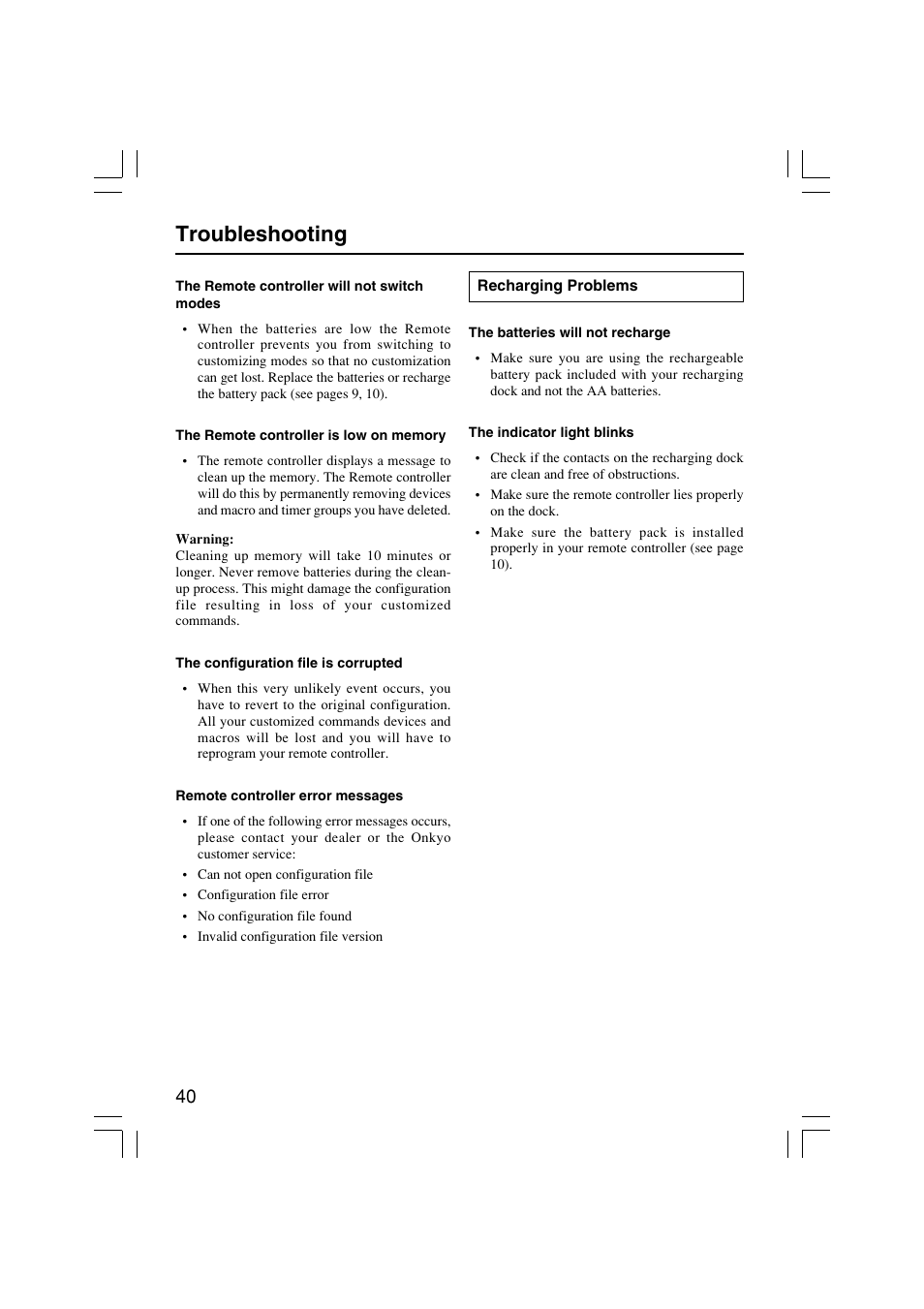 Troubleshooting | Onkyo USR-5RF User Manual | Page 40 / 44