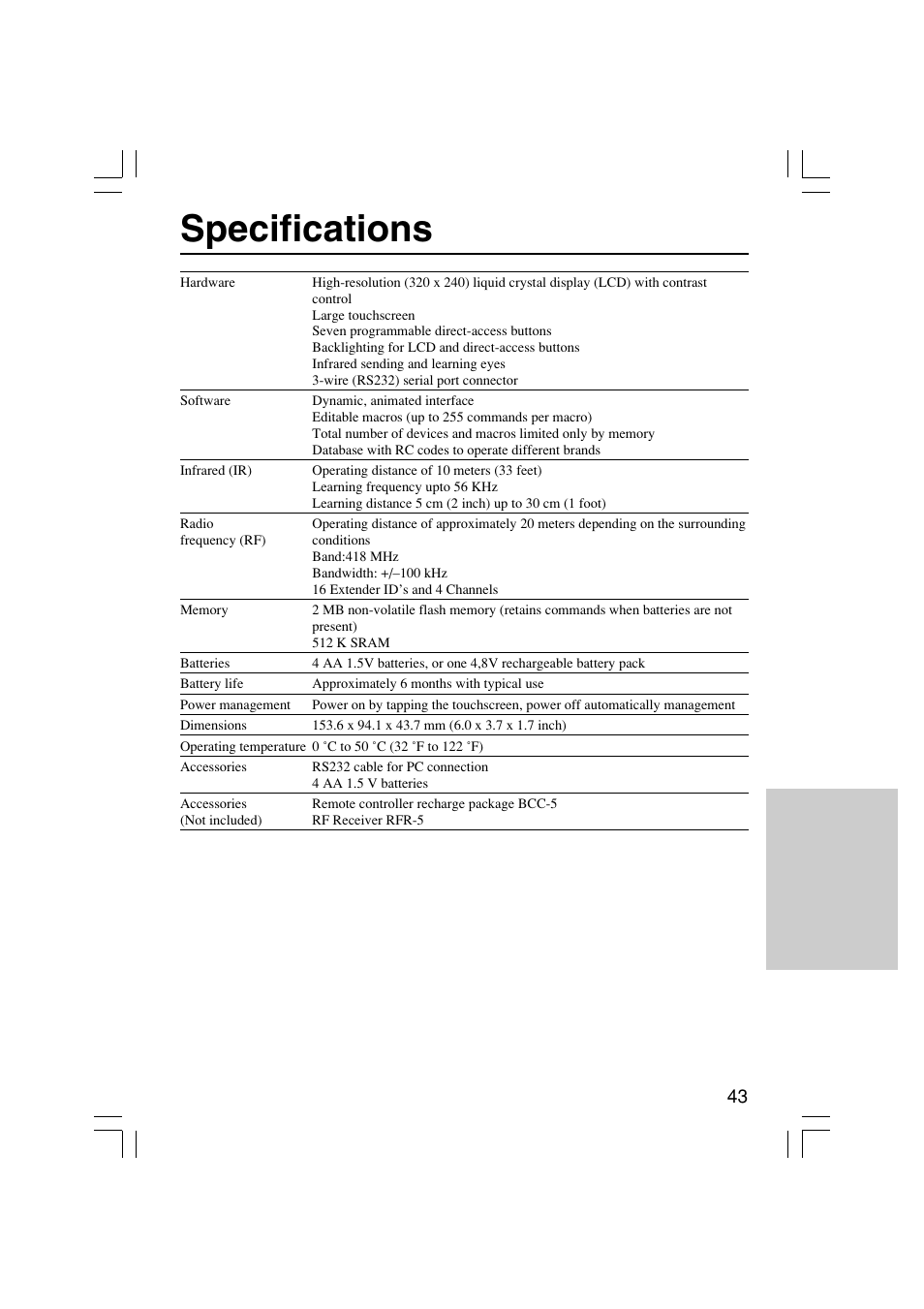 Specifications | Onkyo USR-5RF User Manual | Page 43 / 44