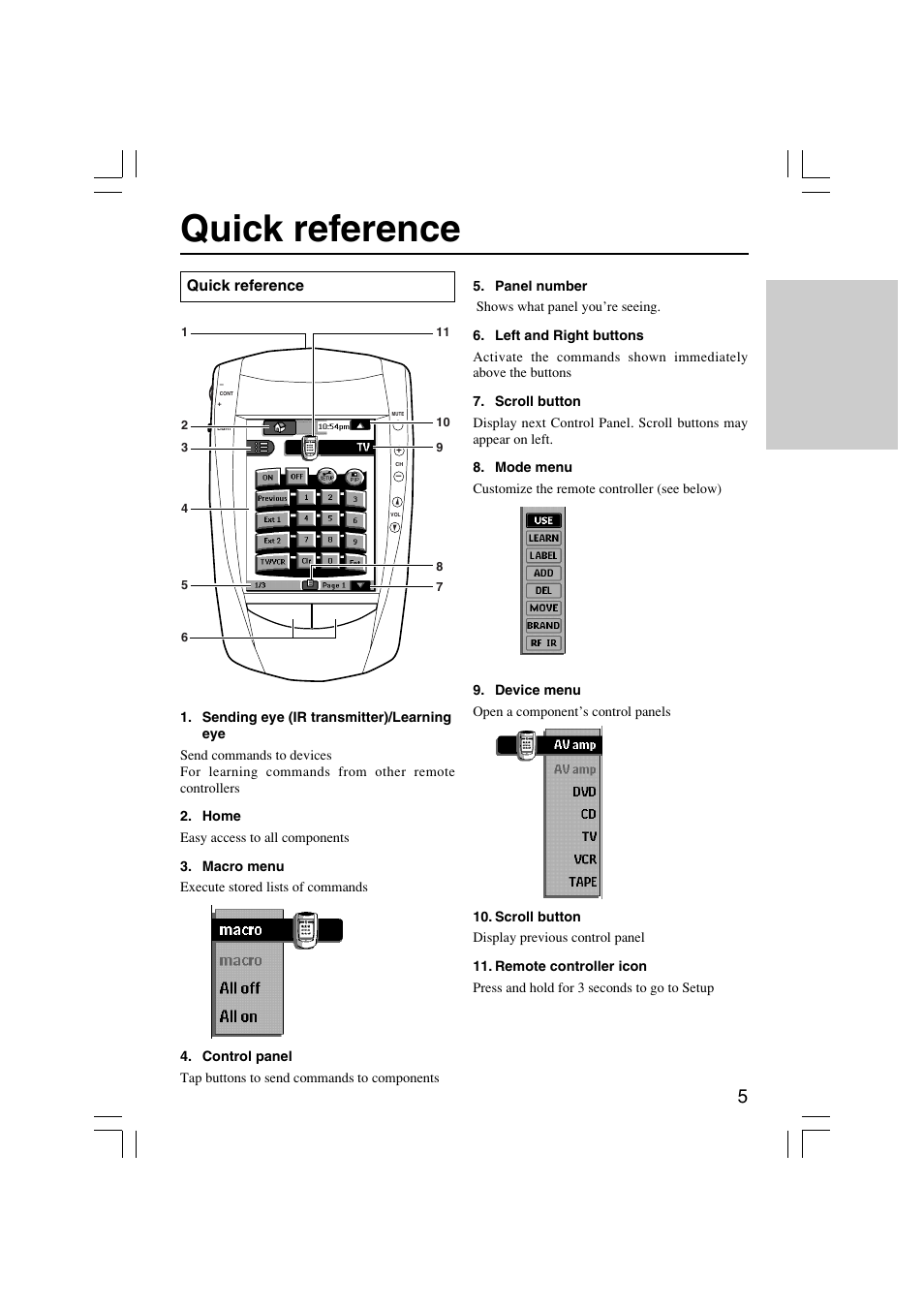 Quick reference | Onkyo USR-5RF User Manual | Page 5 / 44