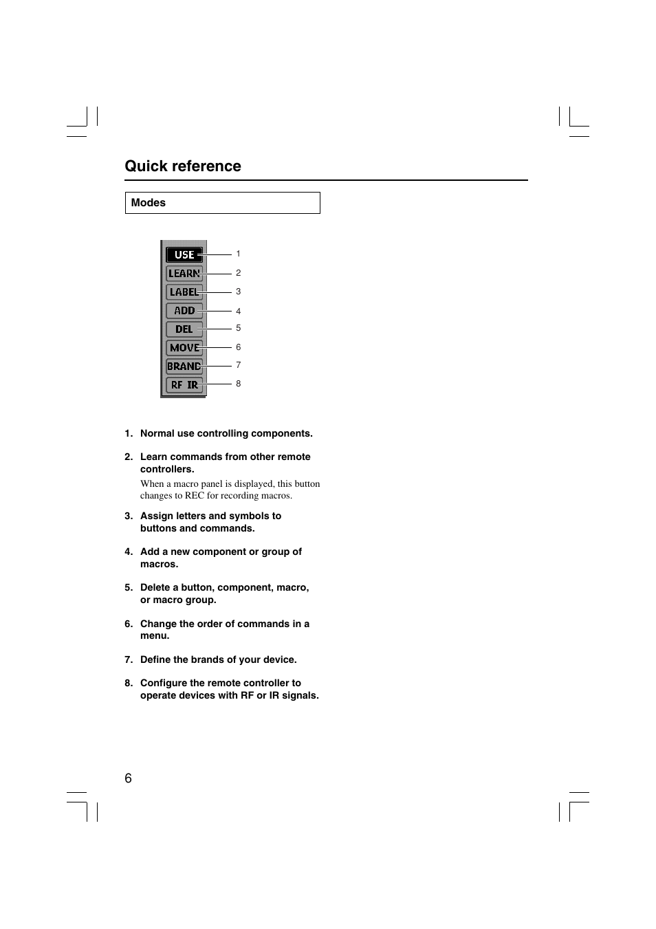 Quick reference | Onkyo USR-5RF User Manual | Page 6 / 44