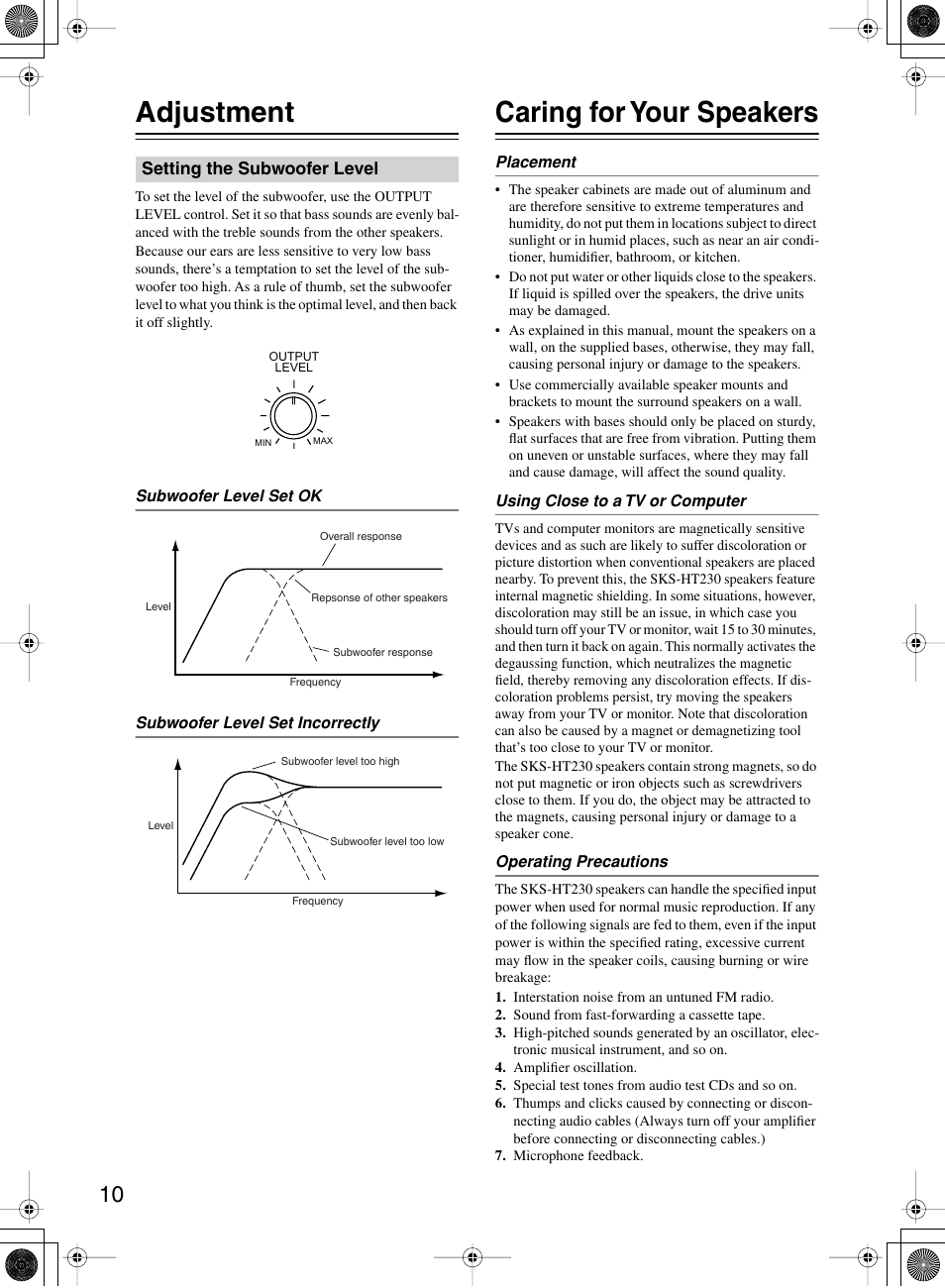 Adjustment, Caring for your speakers | Onkyo SKW-150X User Manual | Page 10 / 12
