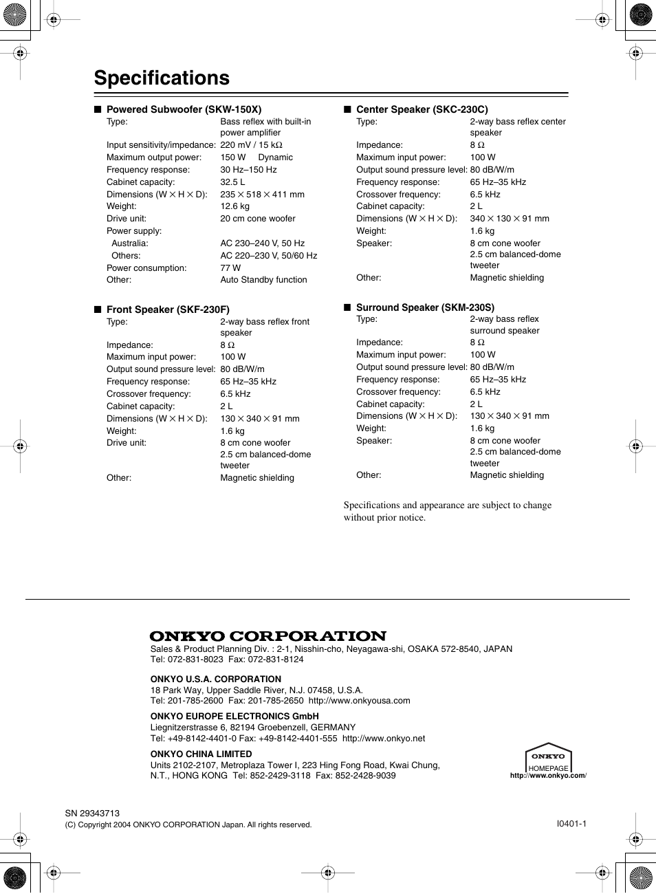 Specifications | Onkyo SKW-150X User Manual | Page 12 / 12