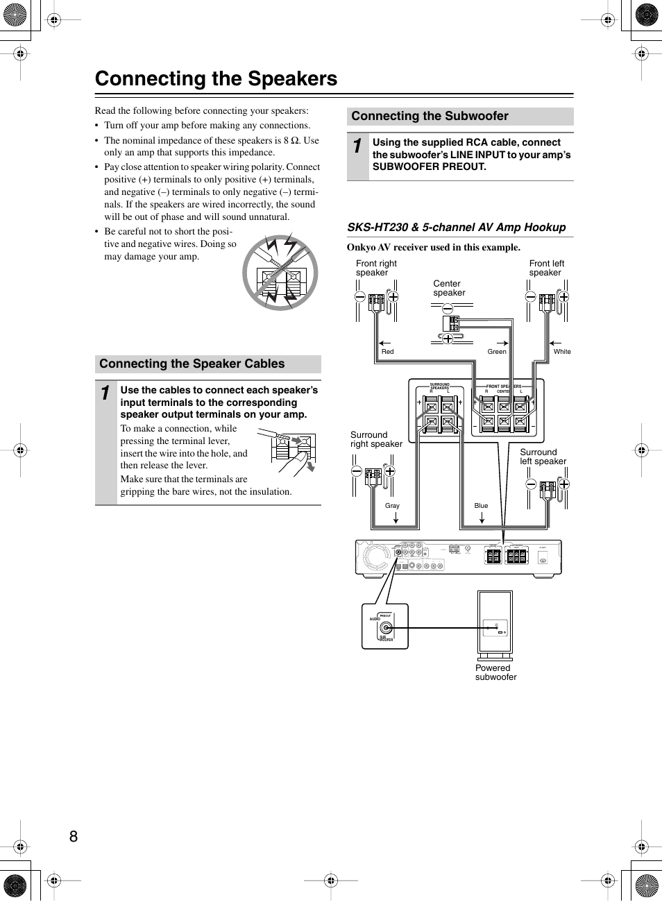 Connecting the speakers, Connecting the speaker cables, Connecting the subwoofer | Sks-ht230 & 5-channel av amp hookup | Onkyo SKW-150X User Manual | Page 8 / 12
