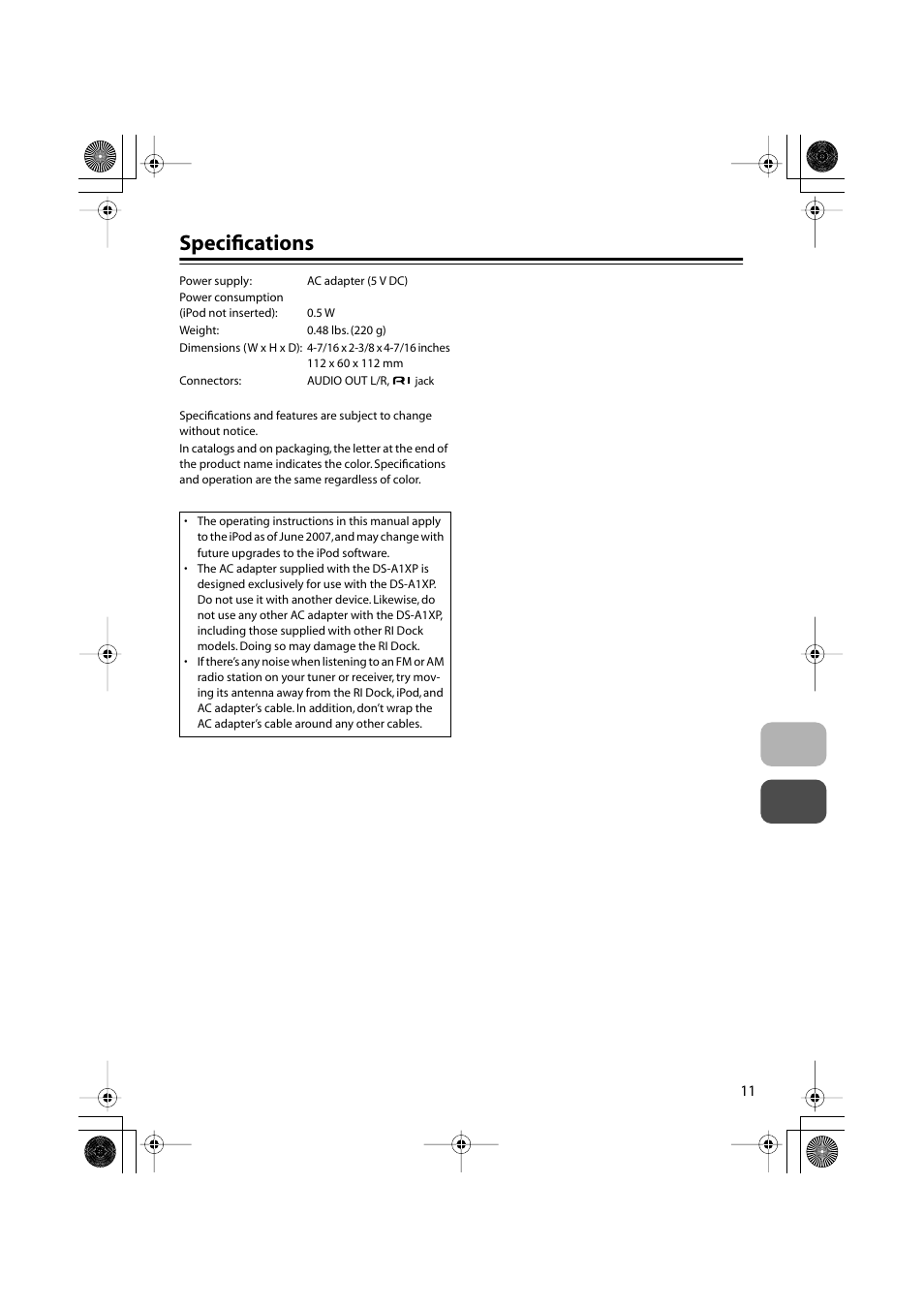 Specifications | Onkyo DS-A1XP User Manual | Page 11 / 12