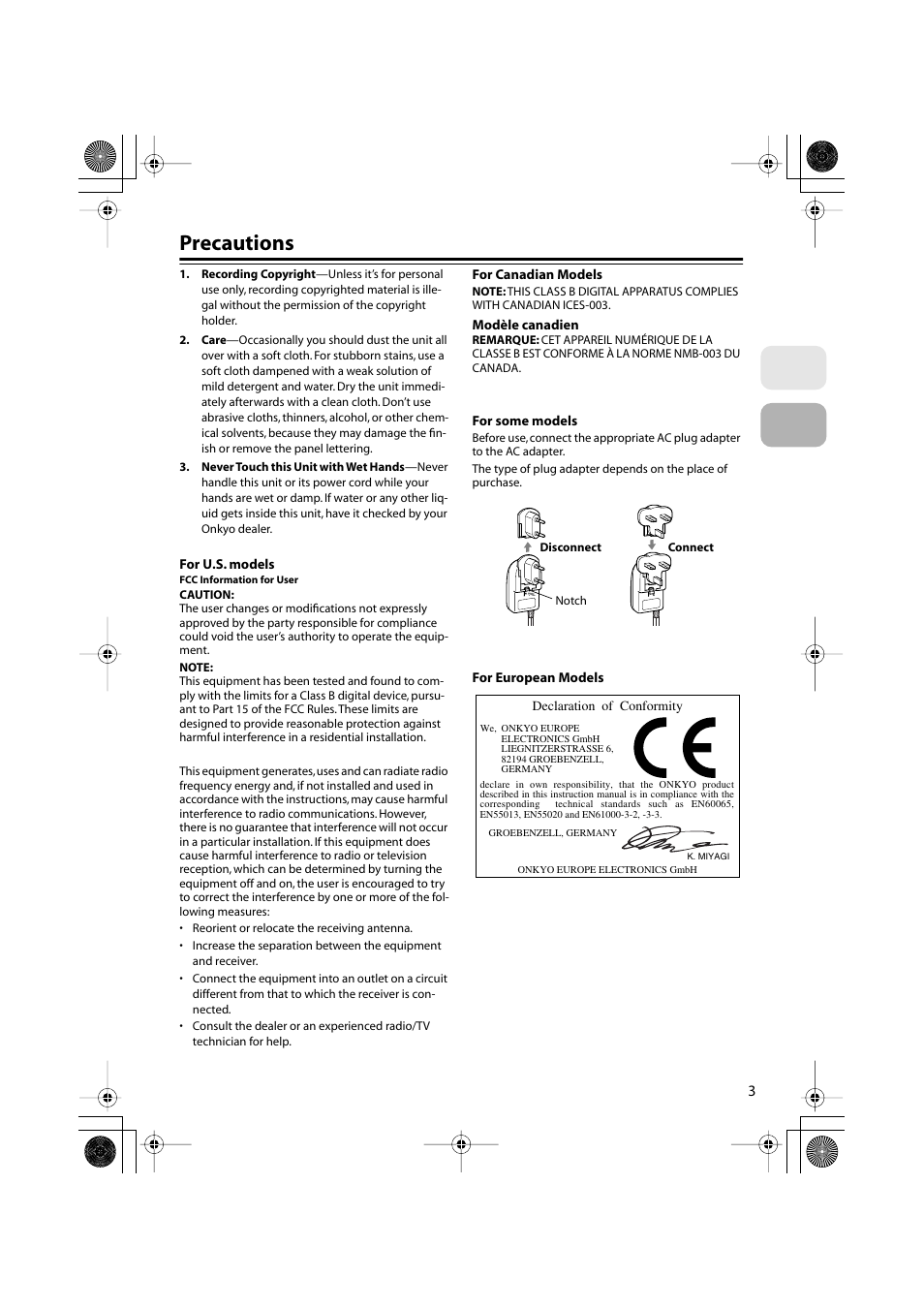 Precautions | Onkyo DS-A1XP User Manual | Page 3 / 12