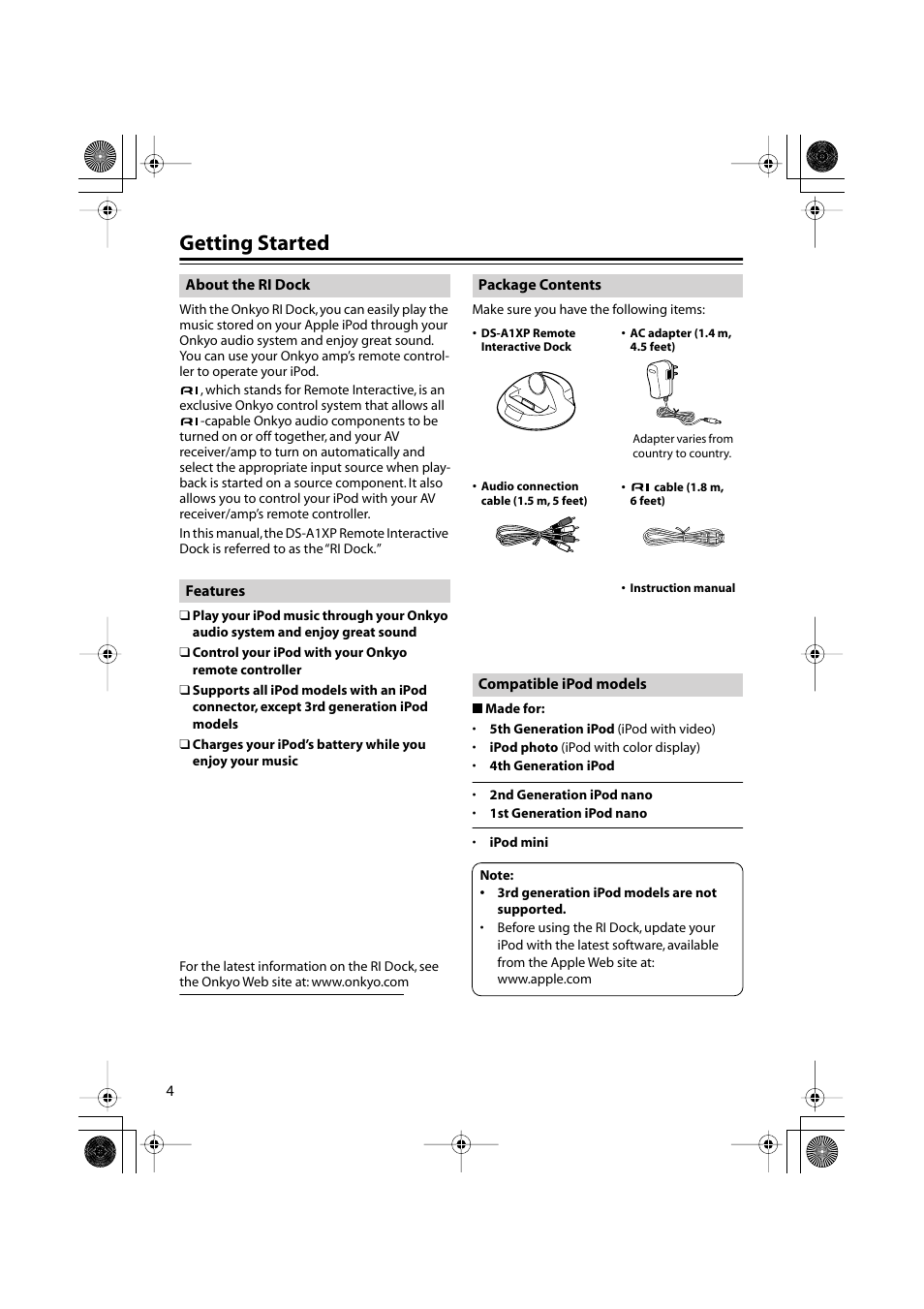 Getting started, About the ri dock, Features | Package contents, Compatible ipod models | Onkyo DS-A1XP User Manual | Page 4 / 12