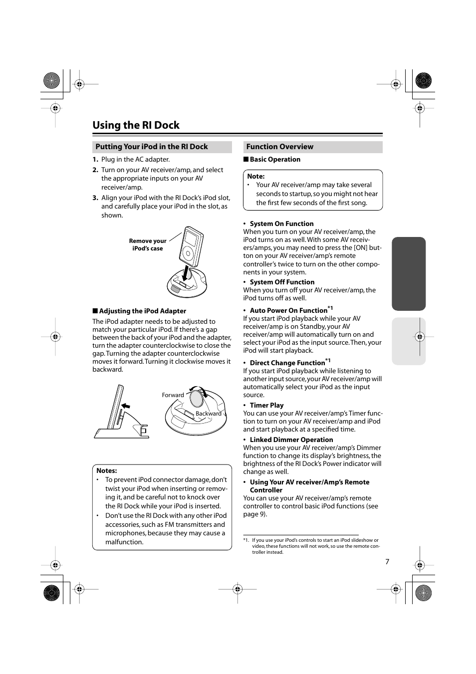Using the ri dock, Putting your ipod in the ri dock, Function overview | Putting your ipod in the ri dock function overview | Onkyo DS-A1XP User Manual | Page 7 / 12