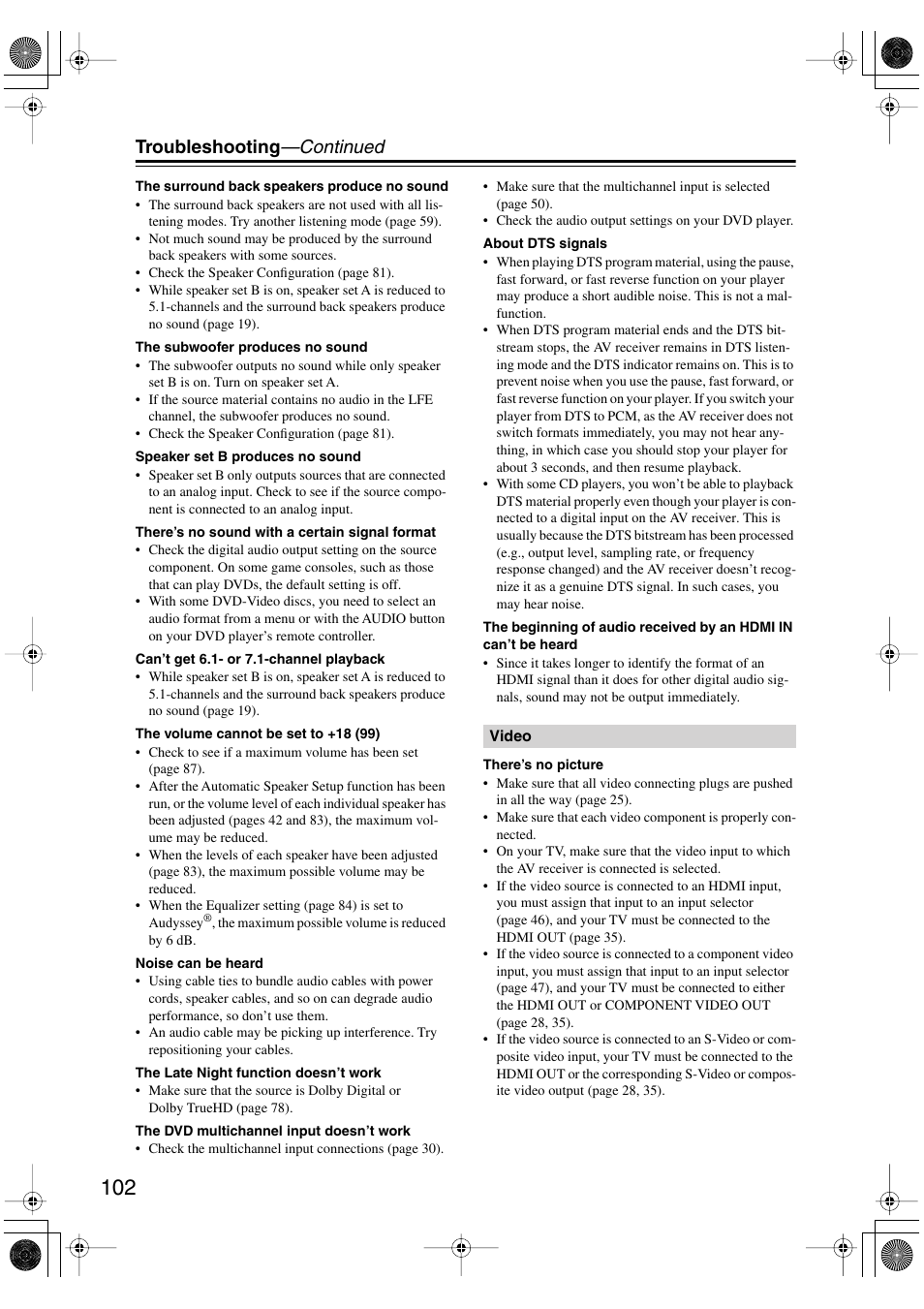 Troubleshooting —continued | Onkyo HT-R960 User Manual | Page 102 / 112