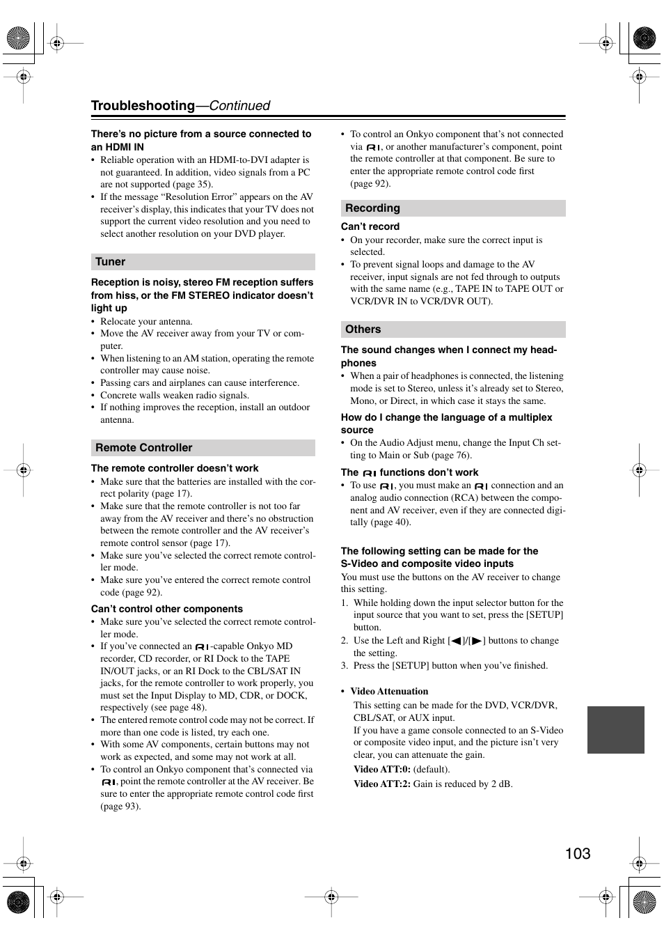 Troubleshooting —continued | Onkyo HT-R960 User Manual | Page 103 / 112
