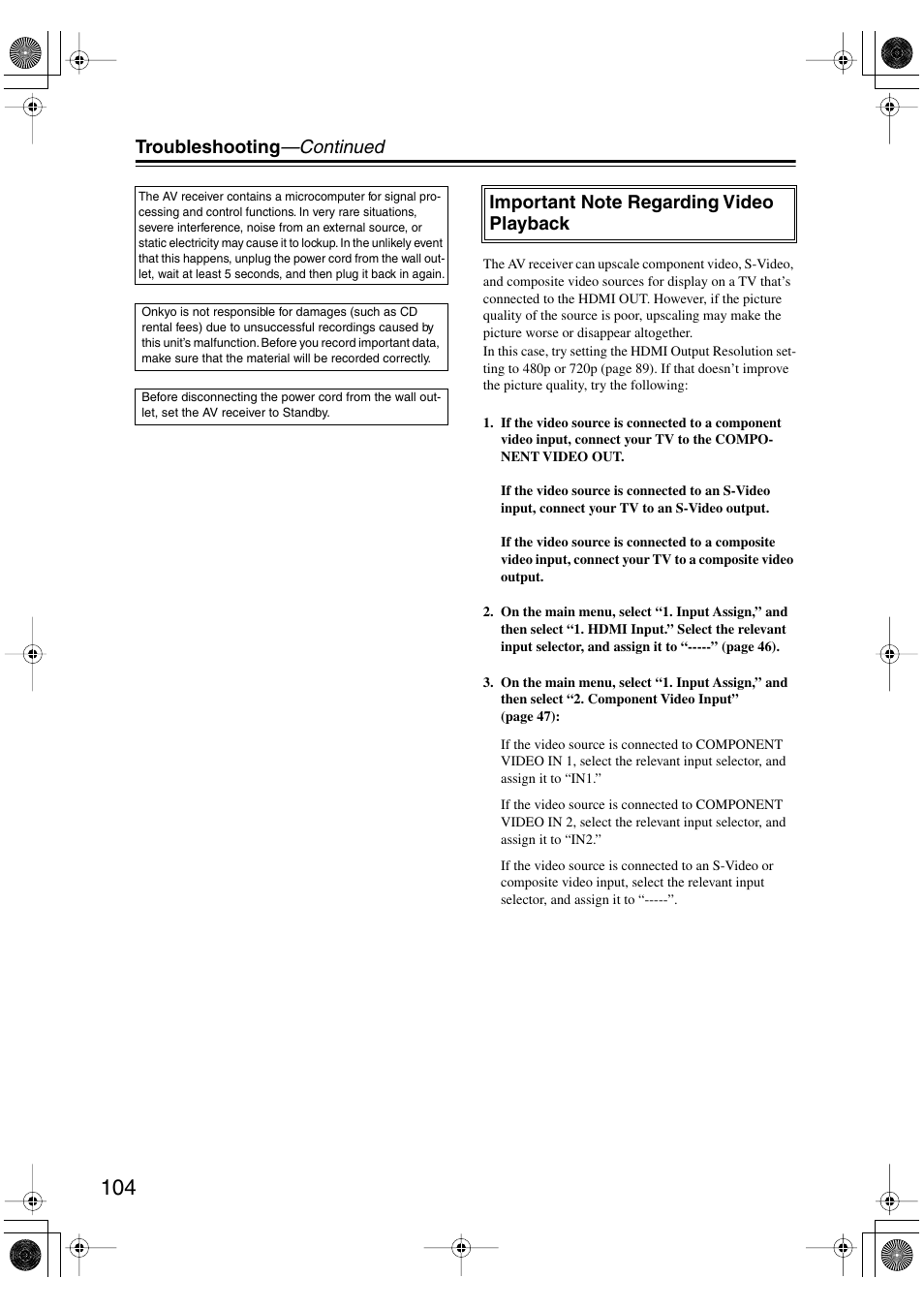 Troubleshooting —continued | Onkyo HT-R960 User Manual | Page 104 / 112