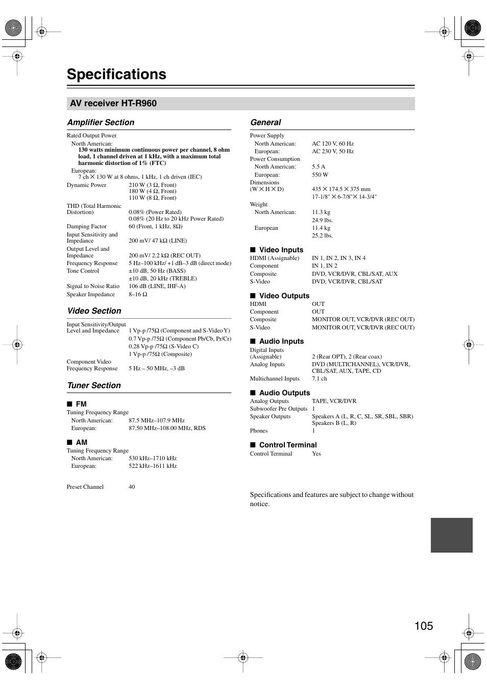 Specifications, Av receiver htr960, Av receiver ht-r960 | Onkyo HT-R960 User Manual | Page 105 / 112