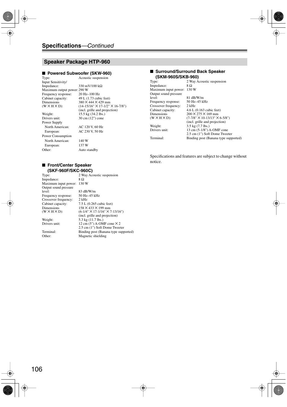 Speaker package htp-960, Specifications —continued | Onkyo HT-R960 User Manual | Page 106 / 112