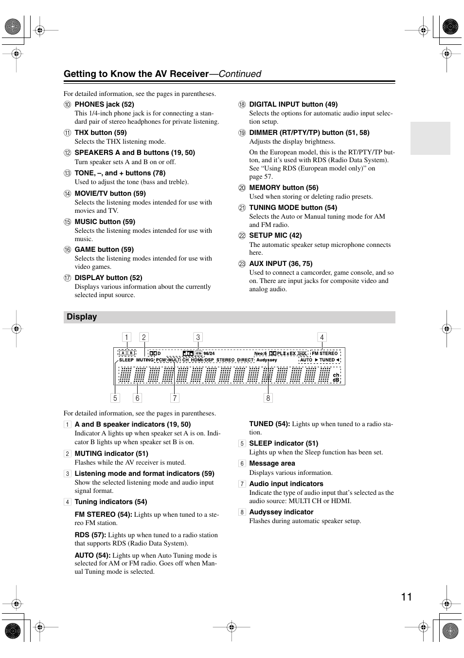 Display, Getting to know the av receiver —continued | Onkyo HT-R960 User Manual | Page 11 / 112