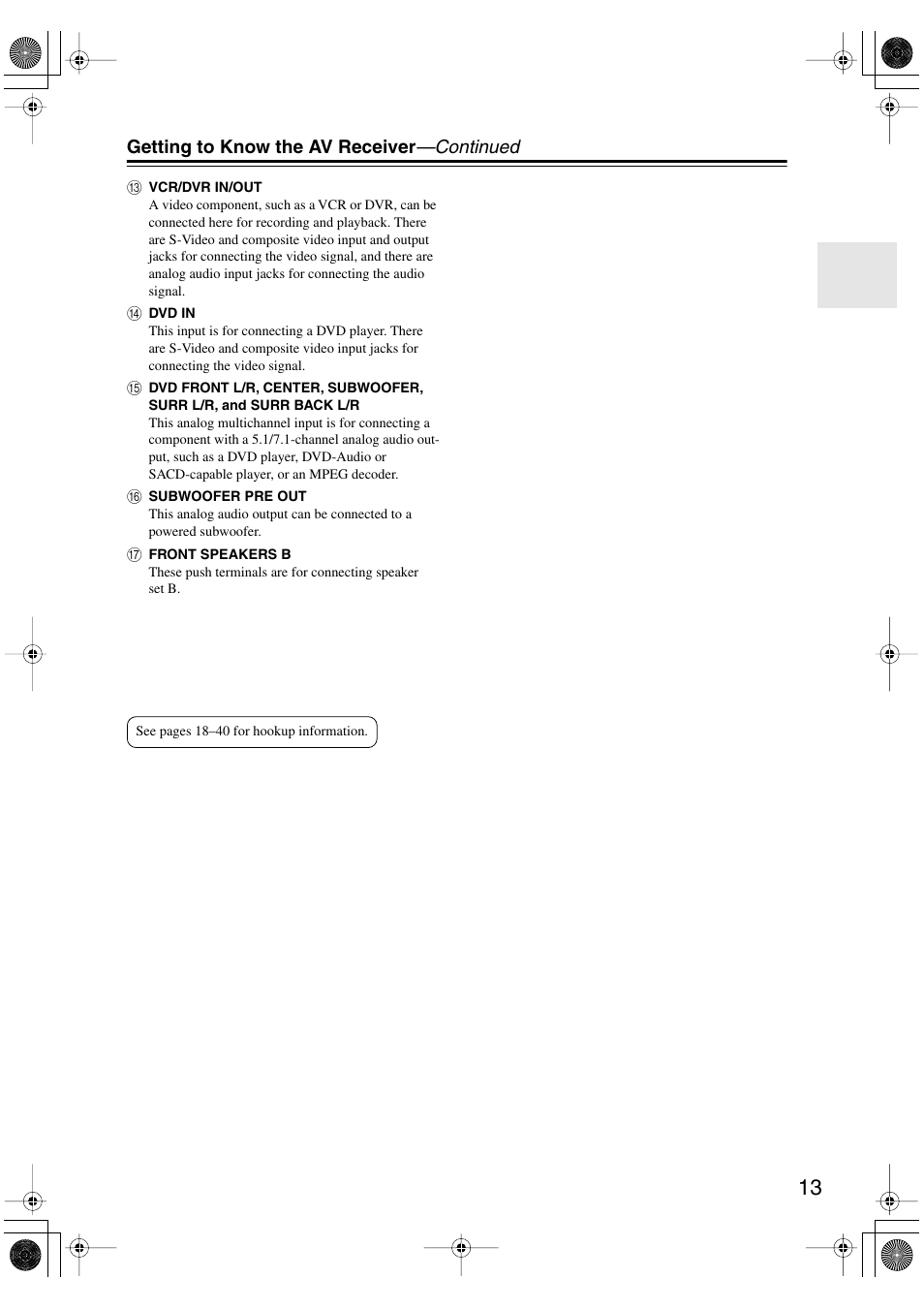 Getting to know the av receiver —continued | Onkyo HT-R960 User Manual | Page 13 / 112