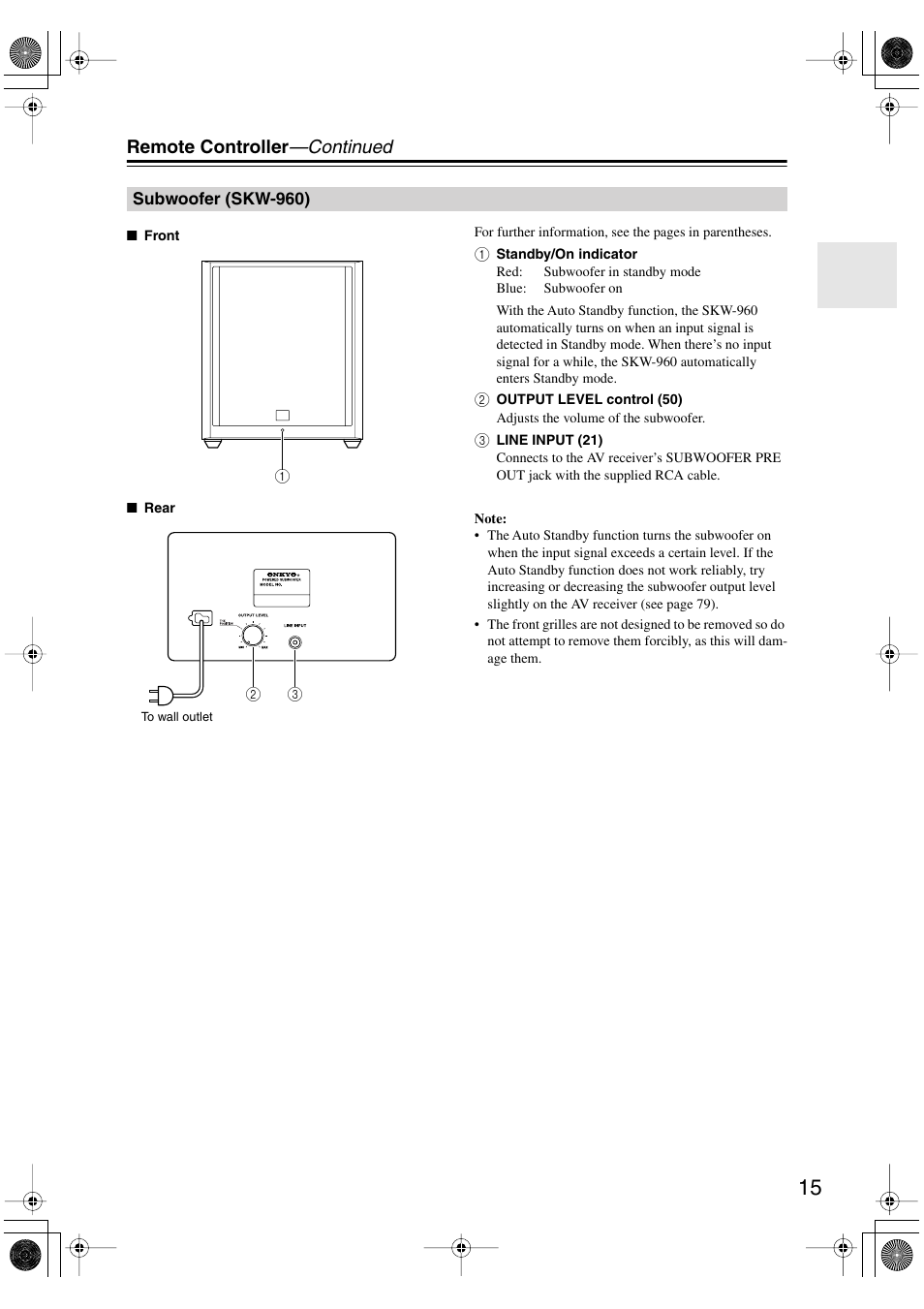 Subwoofer (skw-960), Remote controller —continued | Onkyo HT-R960 User Manual | Page 15 / 112