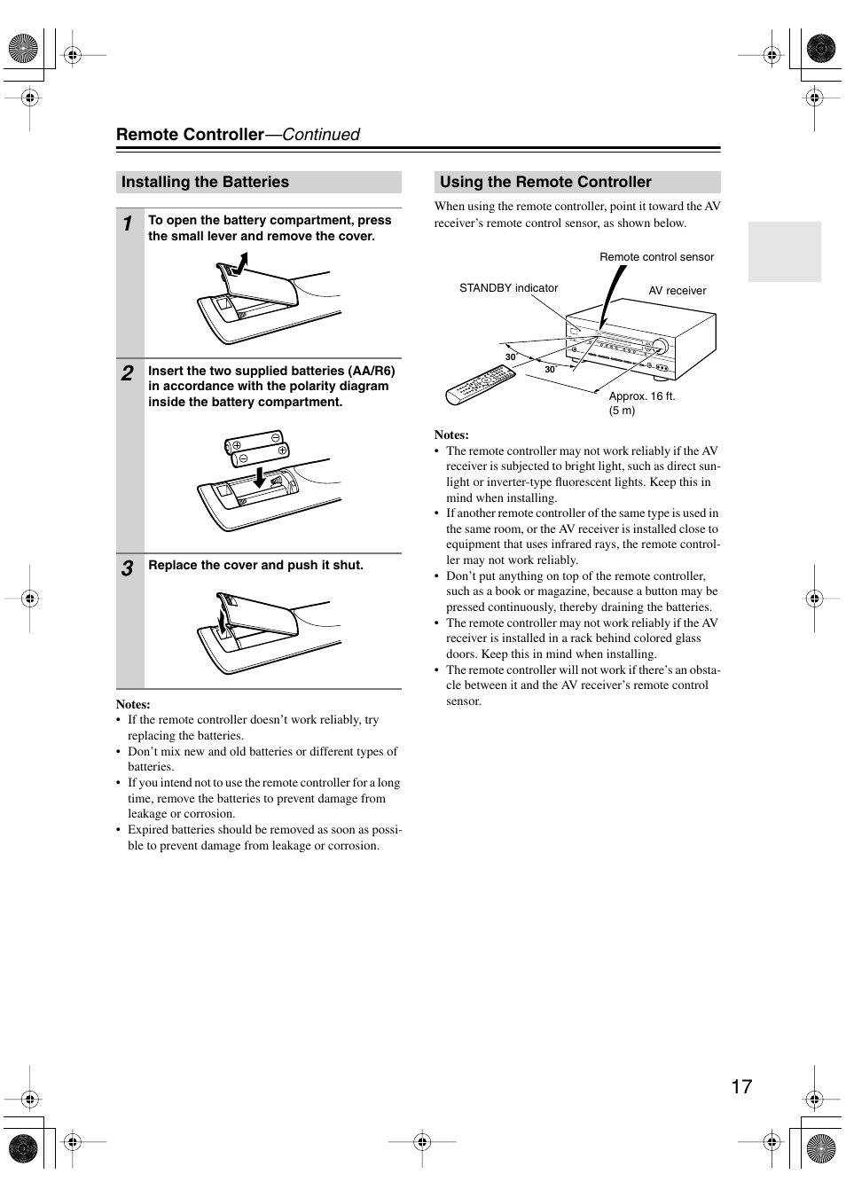 Installing the batteries, Using the remote controller, Ol sensor (17) | Onkyo HT-R960 User Manual | Page 17 / 112