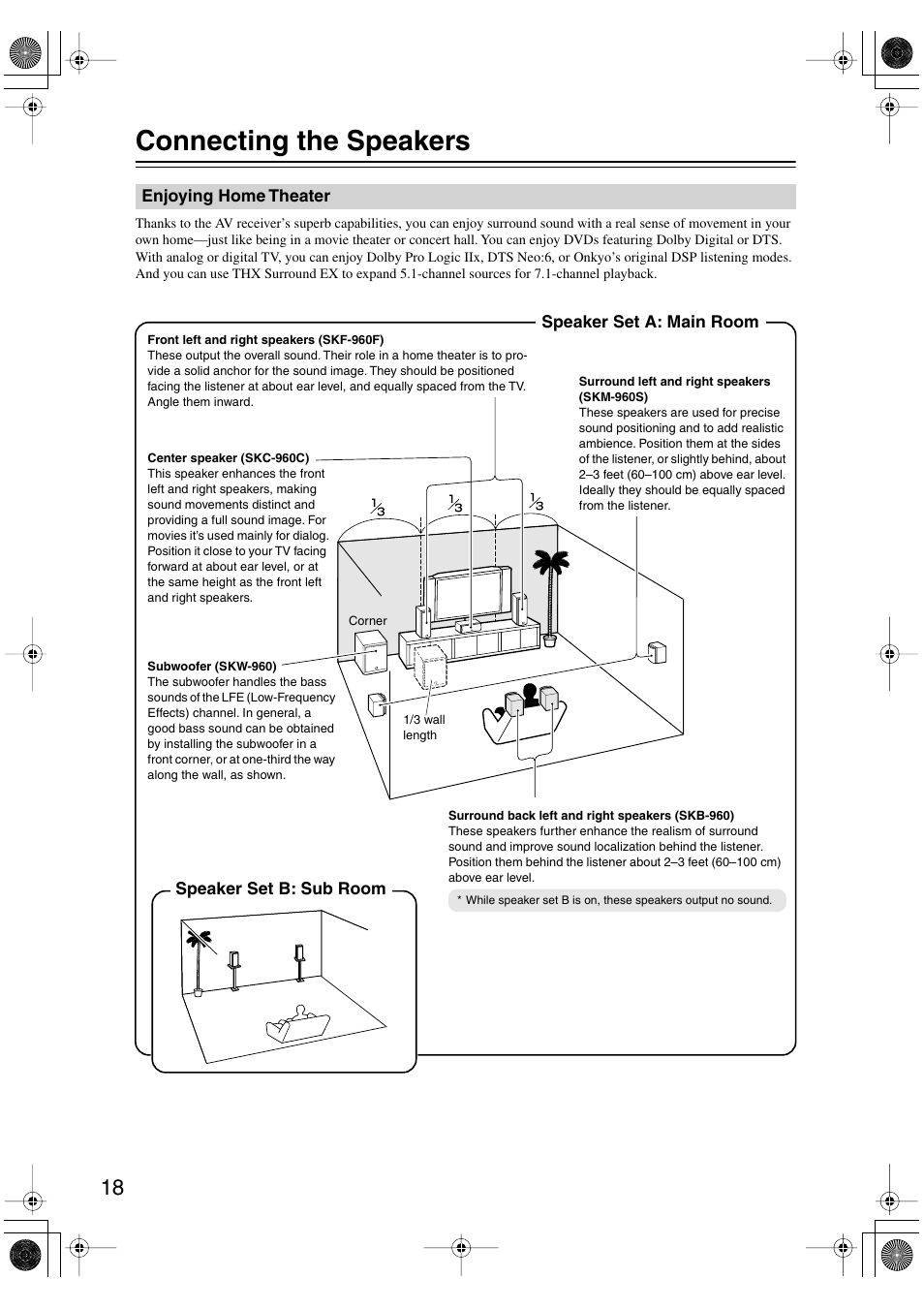 Connecting the speakers, Enjoying home theater, Connection | Onkyo HT-R960 User Manual | Page 18 / 112