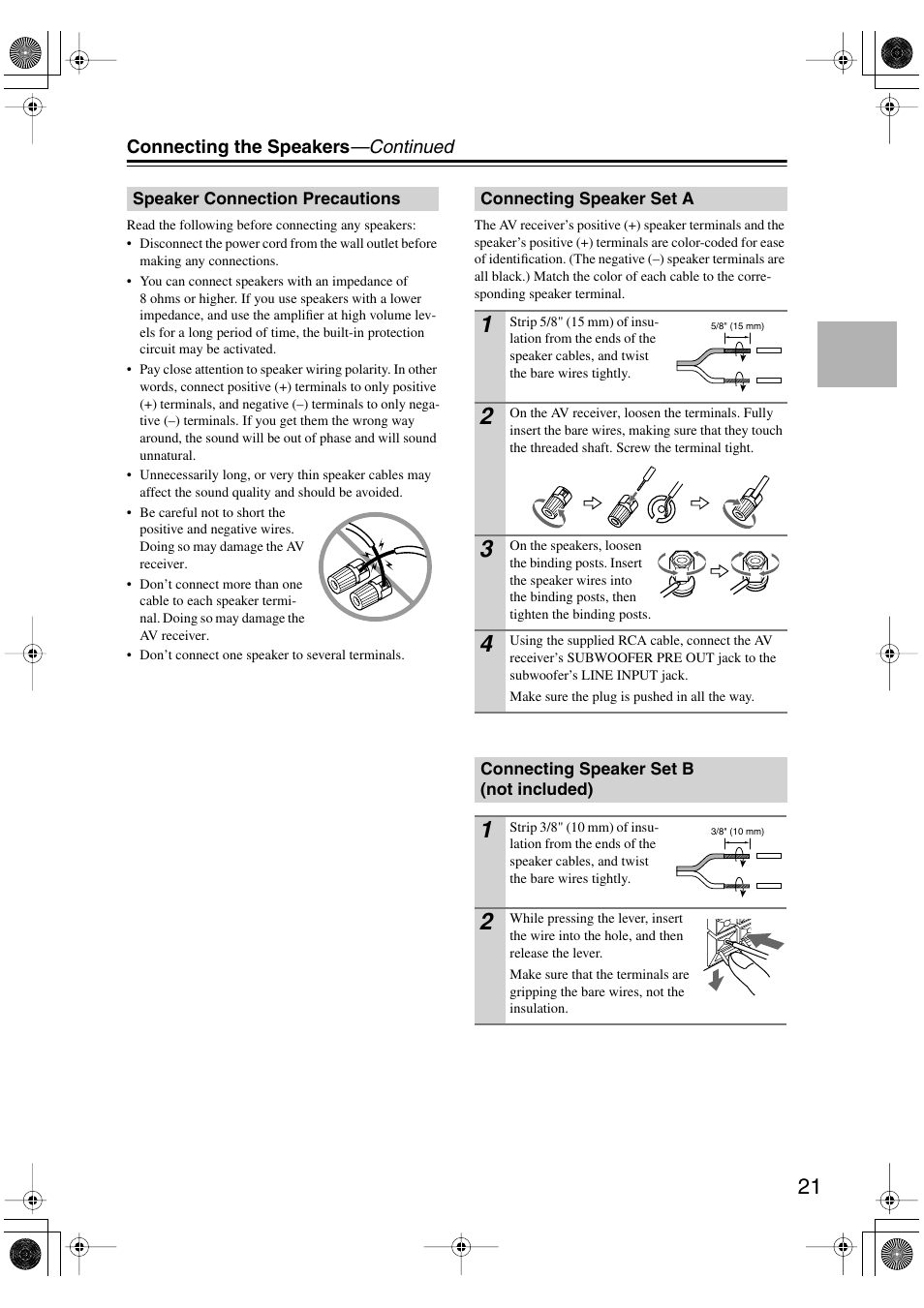 Speaker connection precautions, Connecting speaker set a, Connecting speaker set b (not included) | Not included) | Onkyo HT-R960 User Manual | Page 21 / 112
