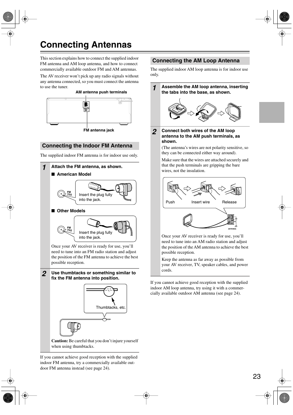 Connecting antennas, Connecting the indoor fm antenna, Connecting the am loop antenna | Onkyo HT-R960 User Manual | Page 23 / 112