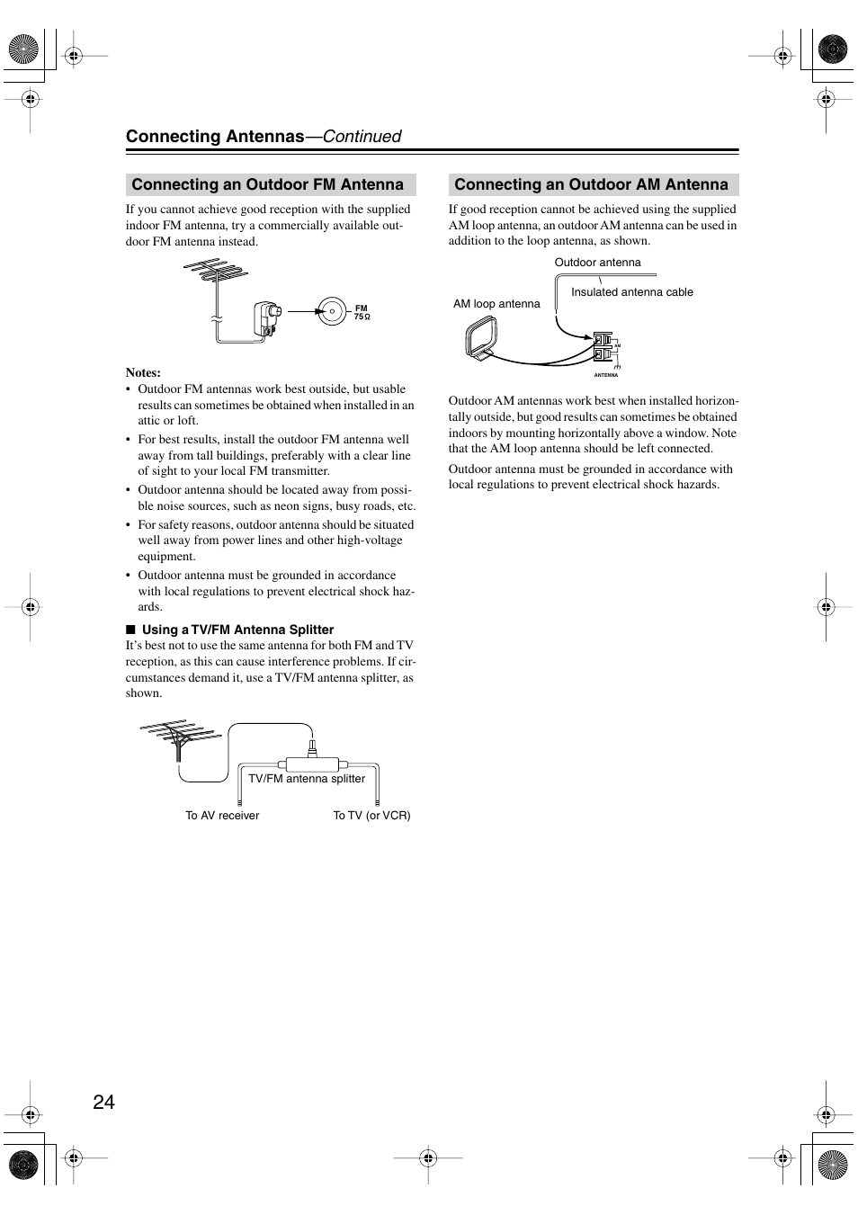 Connecting an outdoor fm antenna, Connecting an outdoor am antenna, Connecting antennas —continued | Onkyo HT-R960 User Manual | Page 24 / 112