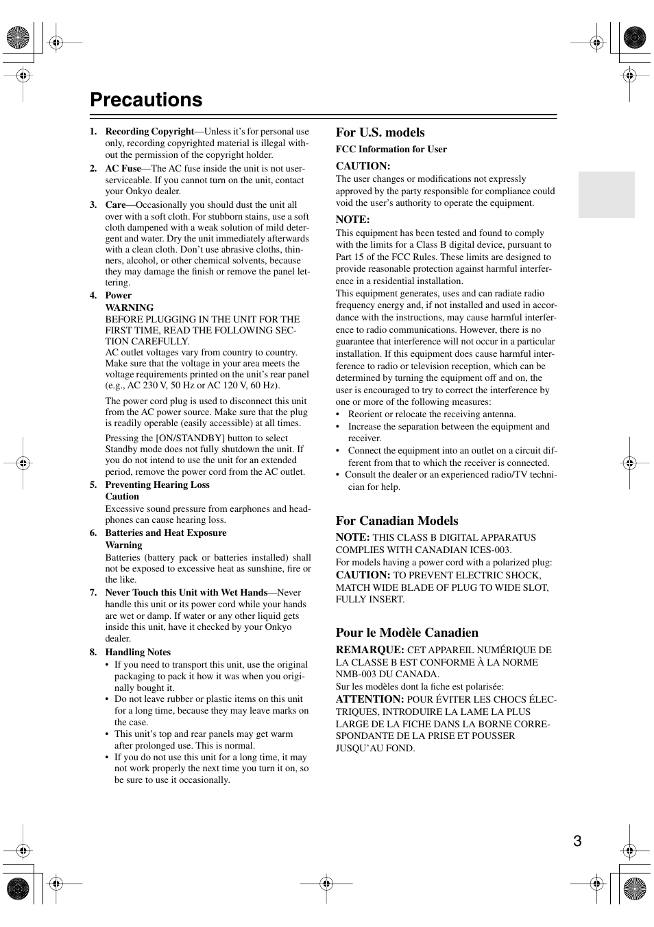 Precautions, For u.s. models, For canadian models | Pour le modèle canadien | Onkyo HT-R960 User Manual | Page 3 / 112