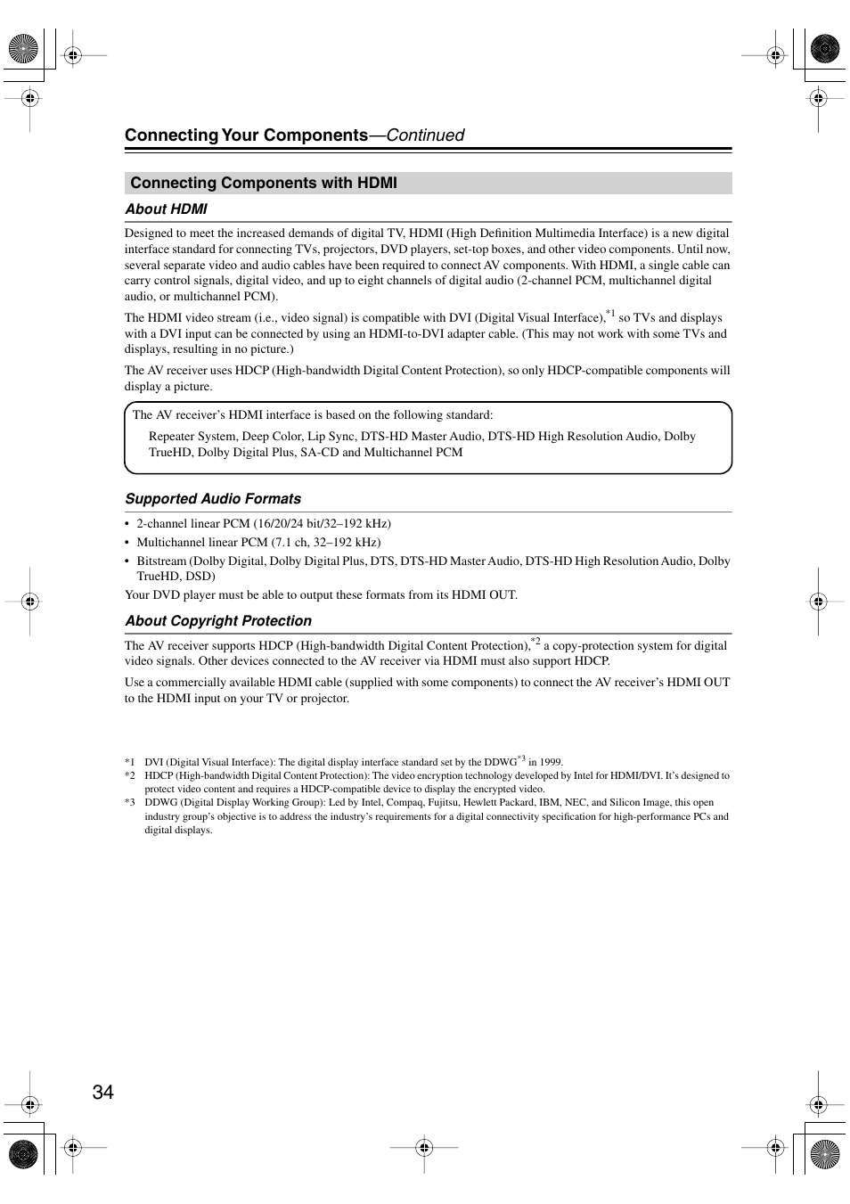 Connecting components with hdmi, Connecting your components —continued | Onkyo HT-R960 User Manual | Page 34 / 112