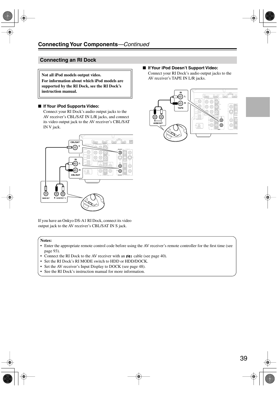 Connecting an ri dock, Connecting your components —continued | Onkyo HT-R960 User Manual | Page 39 / 112