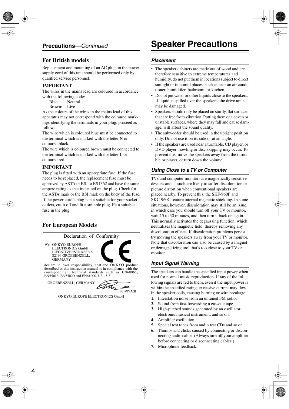 Speaker precautions, Precautions —continued for british models, For european models | Onkyo HT-R960 User Manual | Page 4 / 112