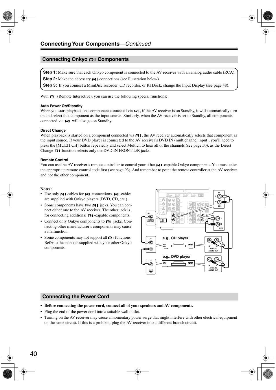 Connecting onkyo components, Connecting the power cord, Connecting onkyo | Components, Connecting your components —continued, Auto power on/standby, Direct change, Remote control, E.g., cd player e.g., dvd player | Onkyo HT-R960 User Manual | Page 40 / 112