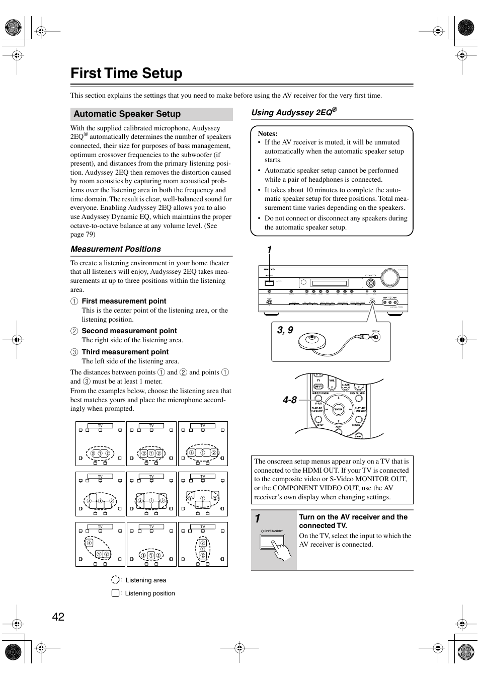 First time setup, Automatic speaker setup, Setup mic (42) | Onkyo HT-R960 User Manual | Page 42 / 112