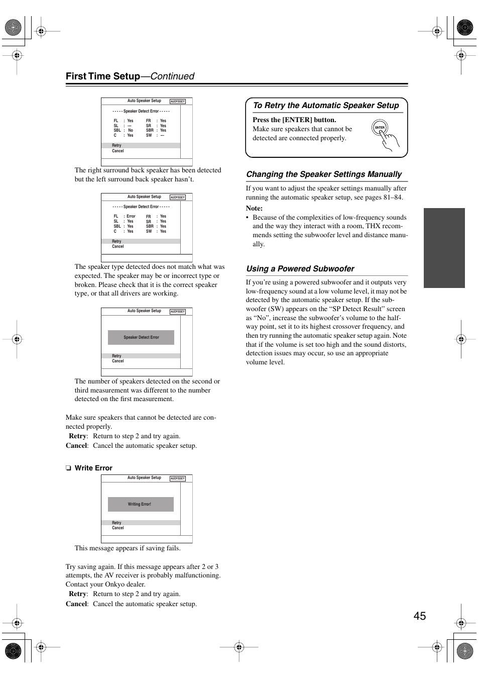First time setup —continued, Changing the speaker settings manually, Using a powered subwoofer | Onkyo HT-R960 User Manual | Page 45 / 112