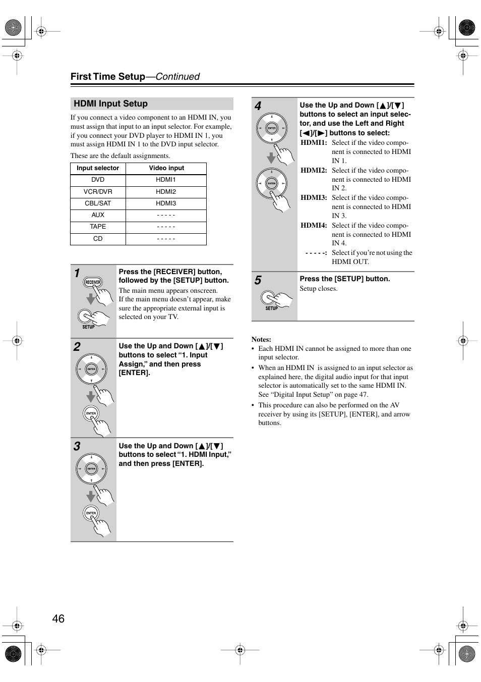 Hdmi input setup, First time setup —continued | Onkyo HT-R960 User Manual | Page 46 / 112