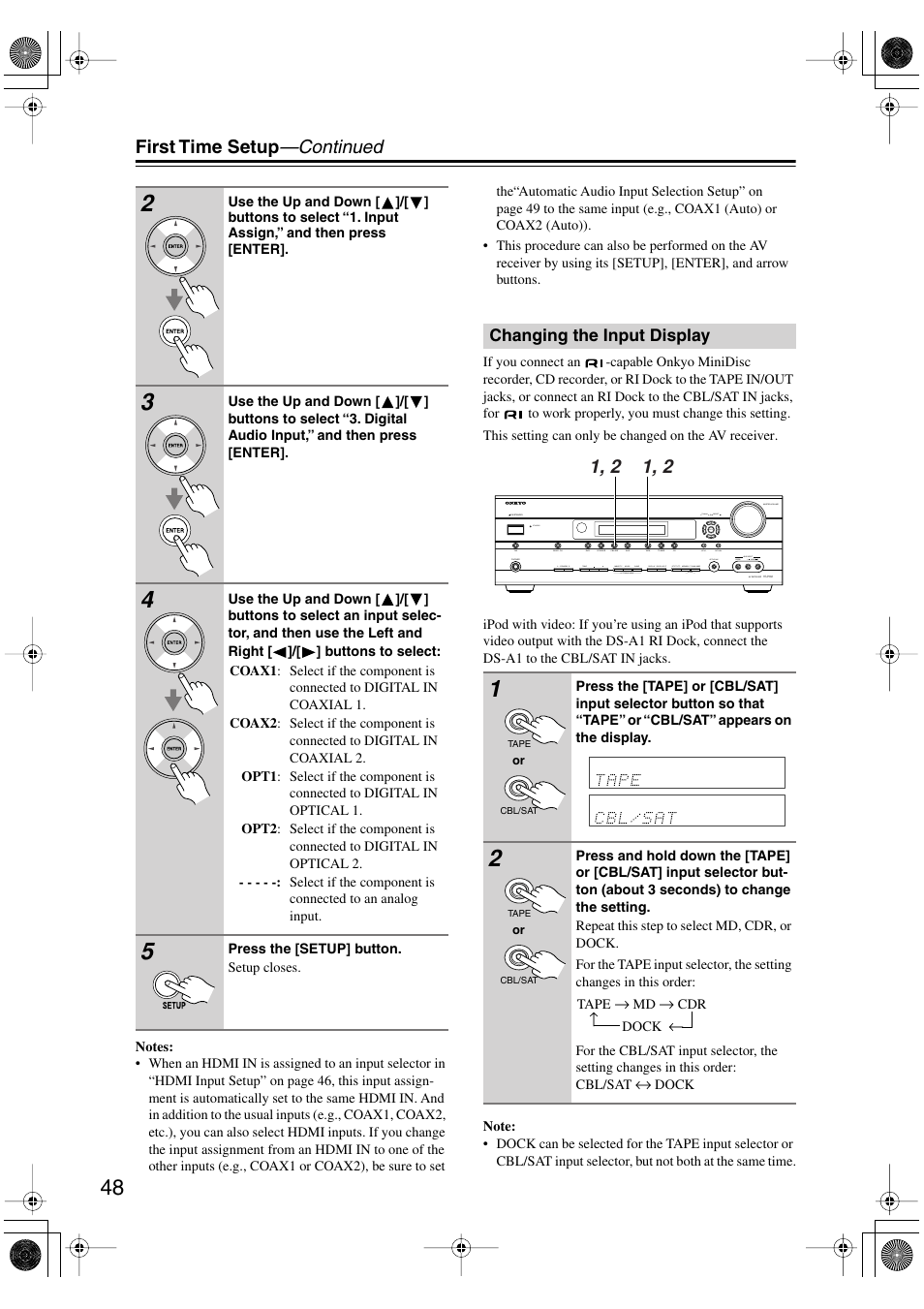 Changing the input display, First time setup —continued | Onkyo HT-R960 User Manual | Page 48 / 112